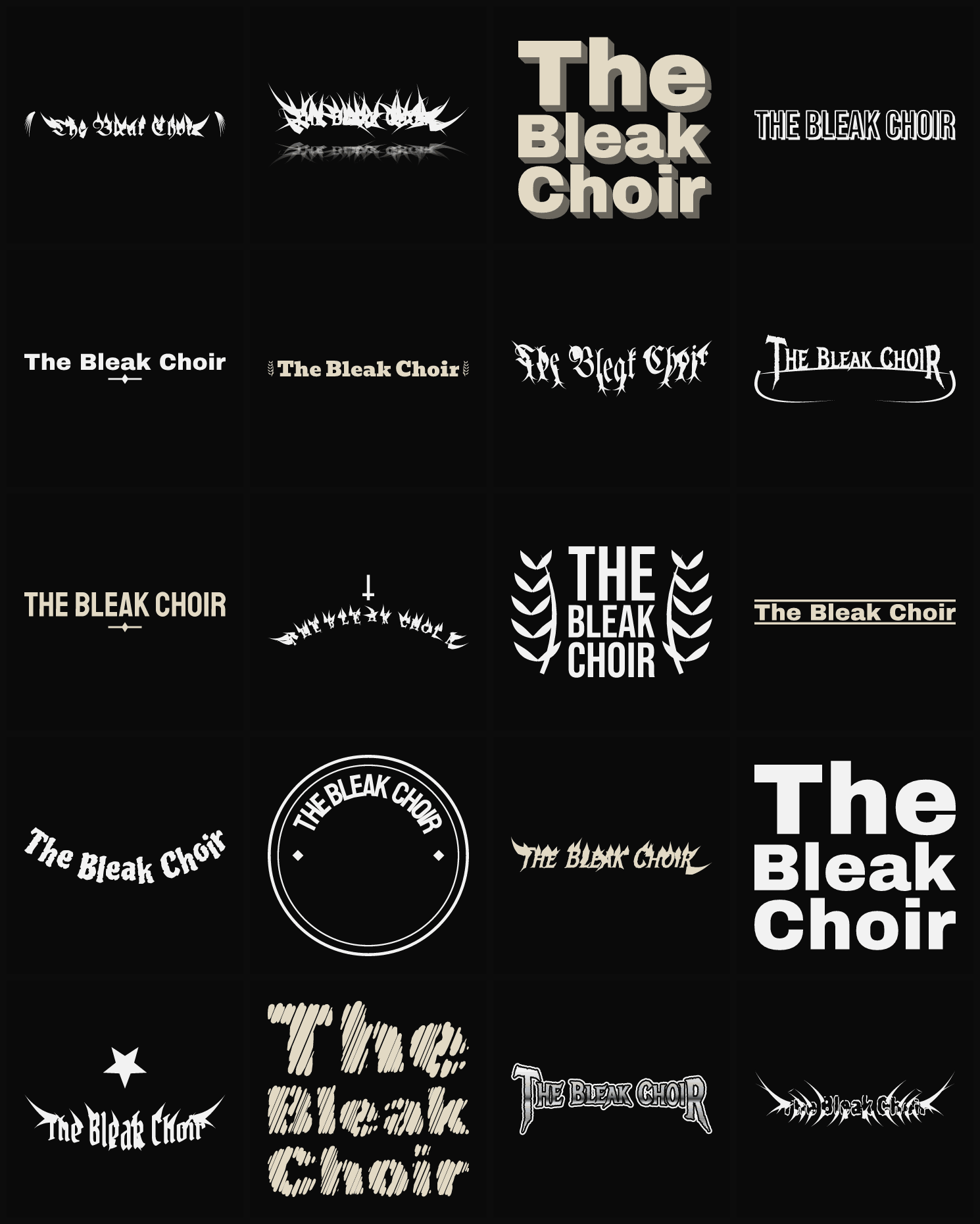 Twenty The Bleak Choir band logo ideas — different faces, treatments and spike settings