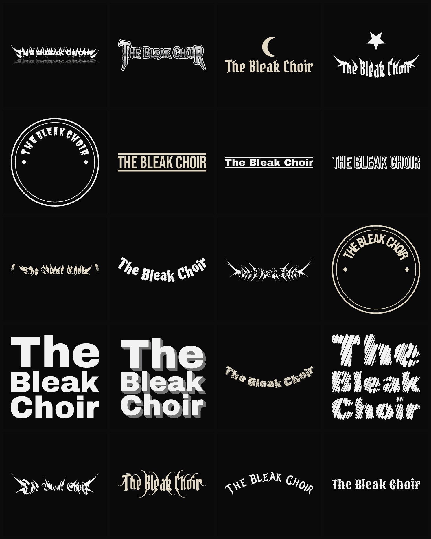 Twenty The Bleak Choir band logo ideas — different faces, treatments and spike settings