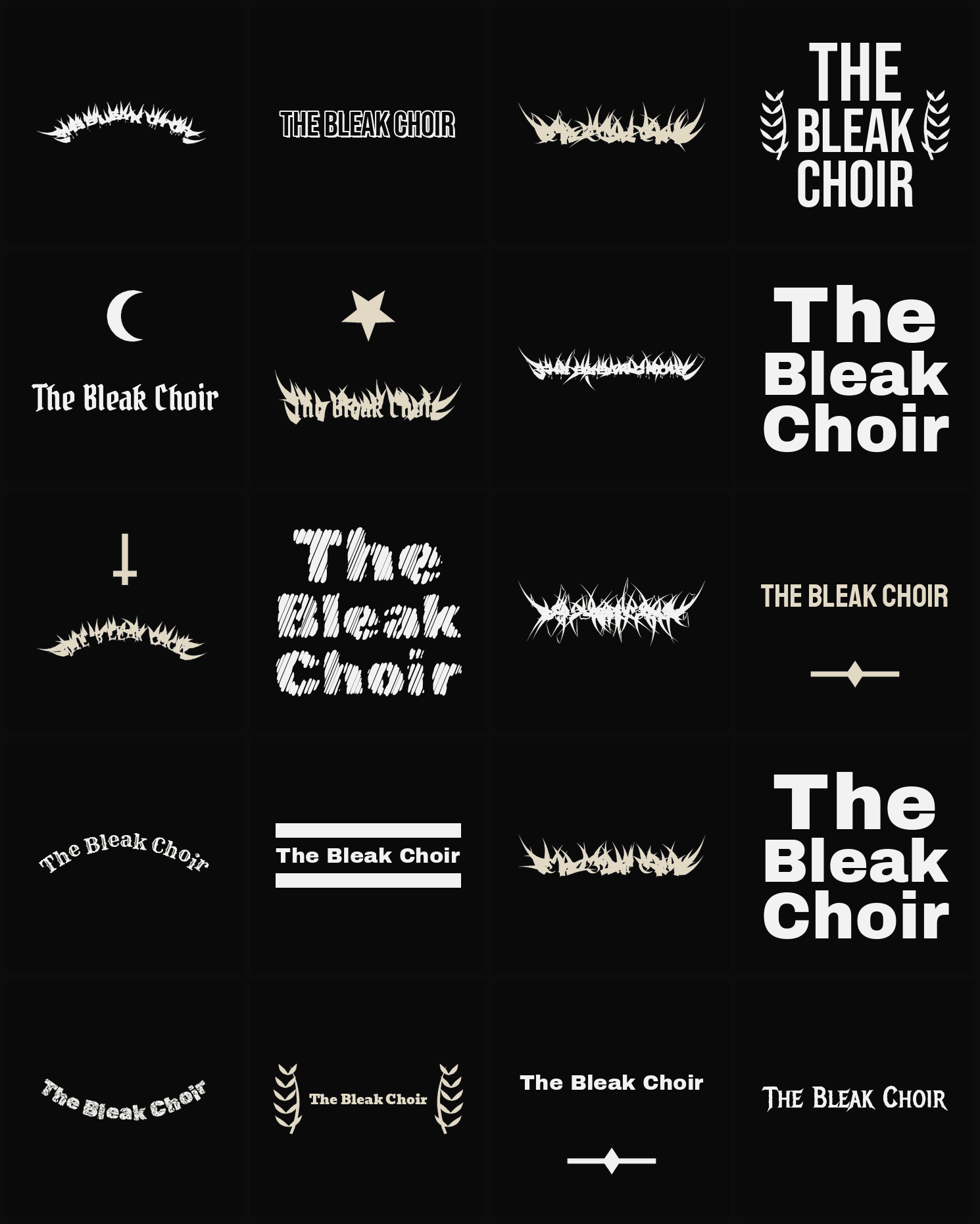 Twenty The Bleak Choir band logo ideas — different faces, treatments and spike settings