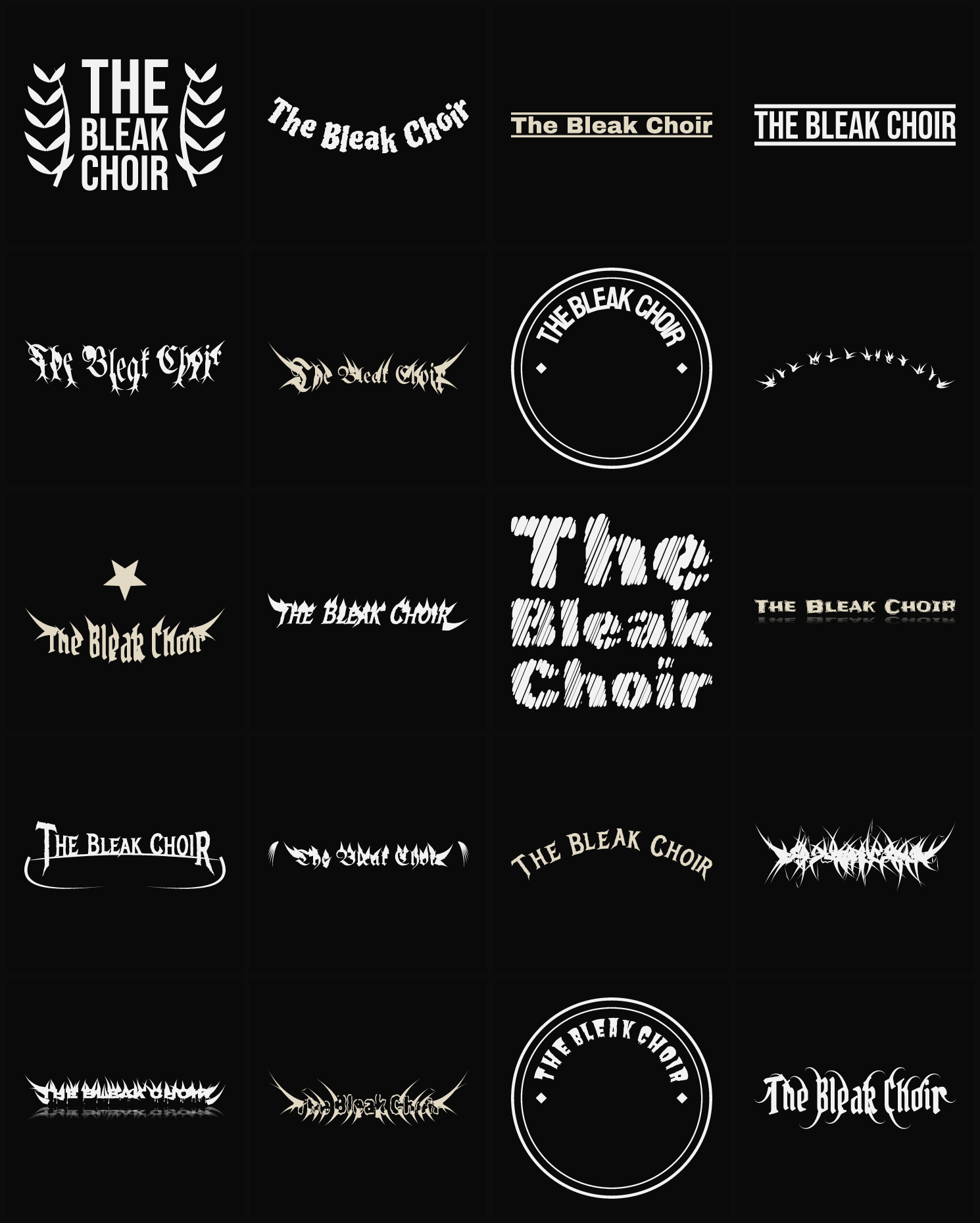 Twenty The Bleak Choir band logo ideas — different faces, treatments and spike settings