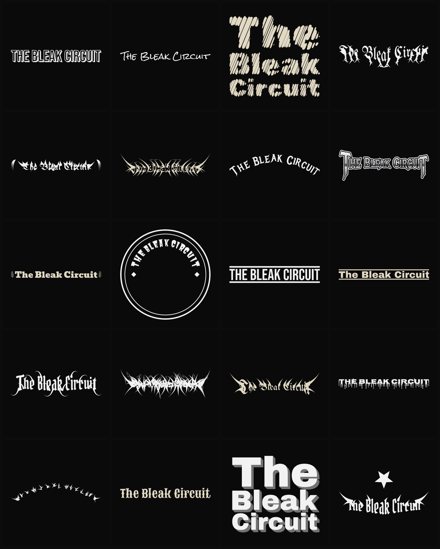 Twenty The Bleak Circuit band logo ideas — different faces, treatments and spike settings