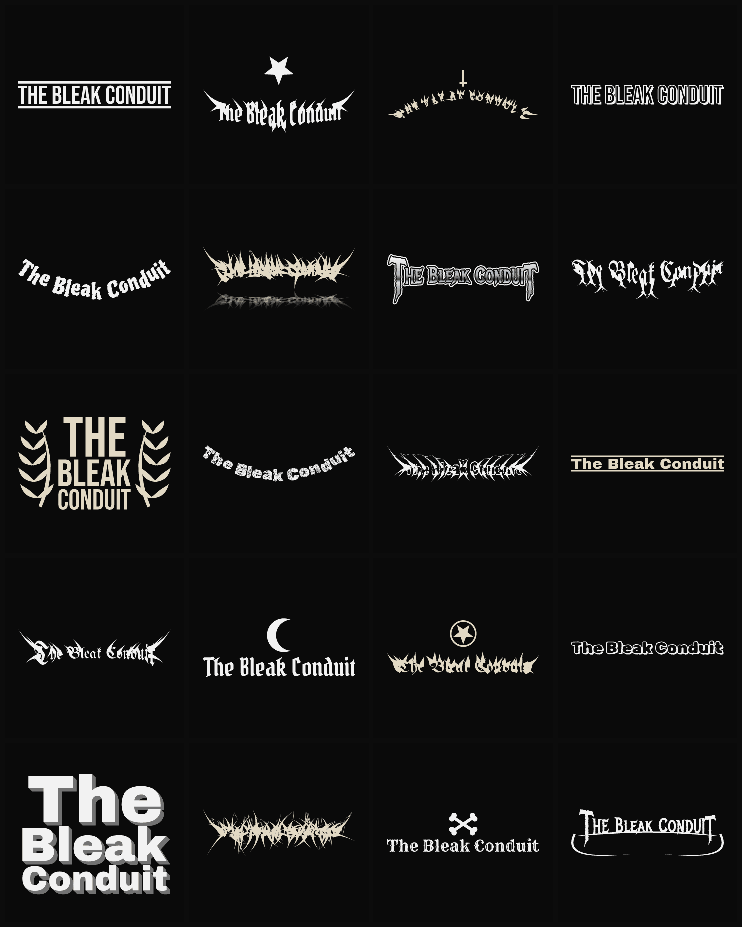 Twenty The Bleak Conduit band logo ideas — different faces, treatments and spike settings