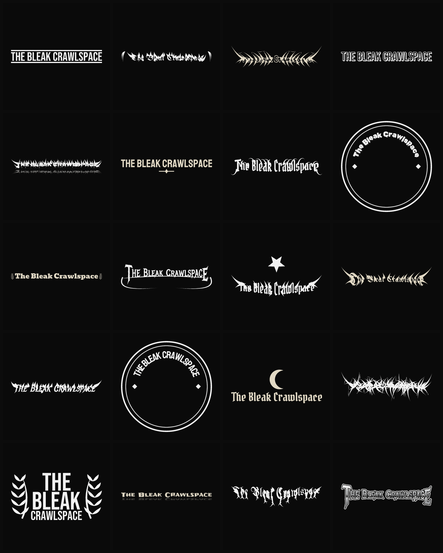 Twenty The Bleak Crawlspace band logo ideas — different faces, treatments and spike settings