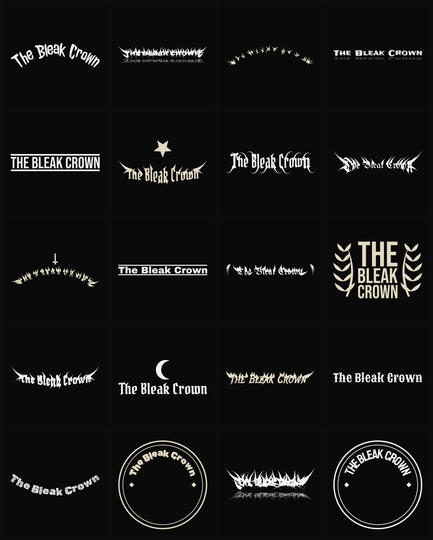 Twenty The Bleak Crown band logo ideas — different faces, treatments and spike settings