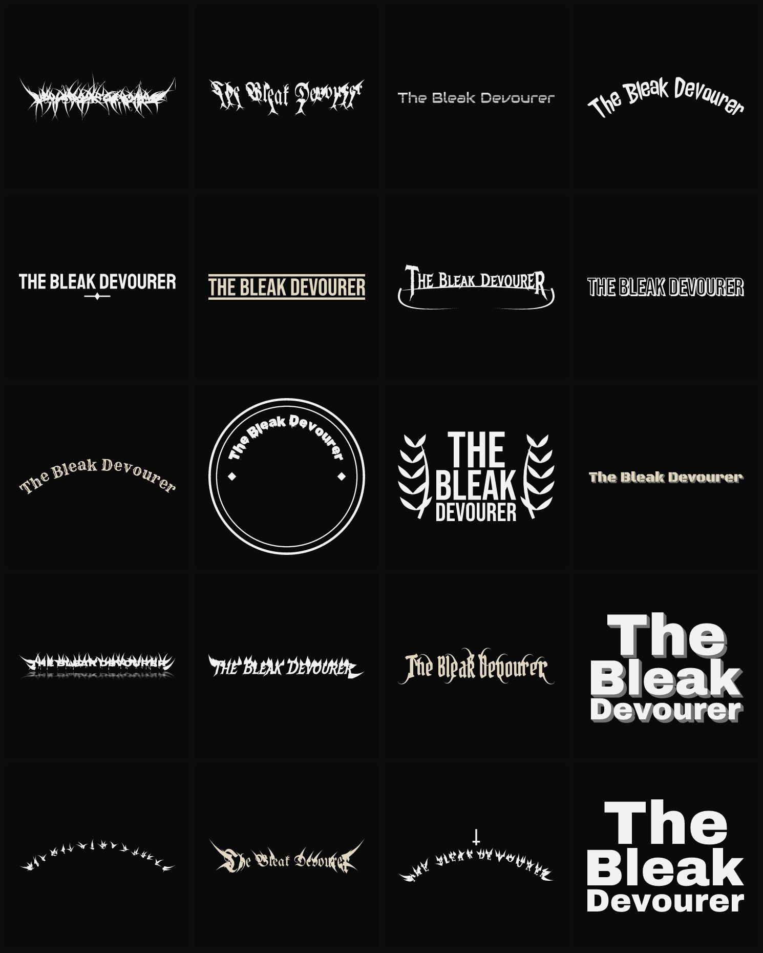 Twenty The Bleak Devourer band logo ideas — different faces, treatments and spike settings