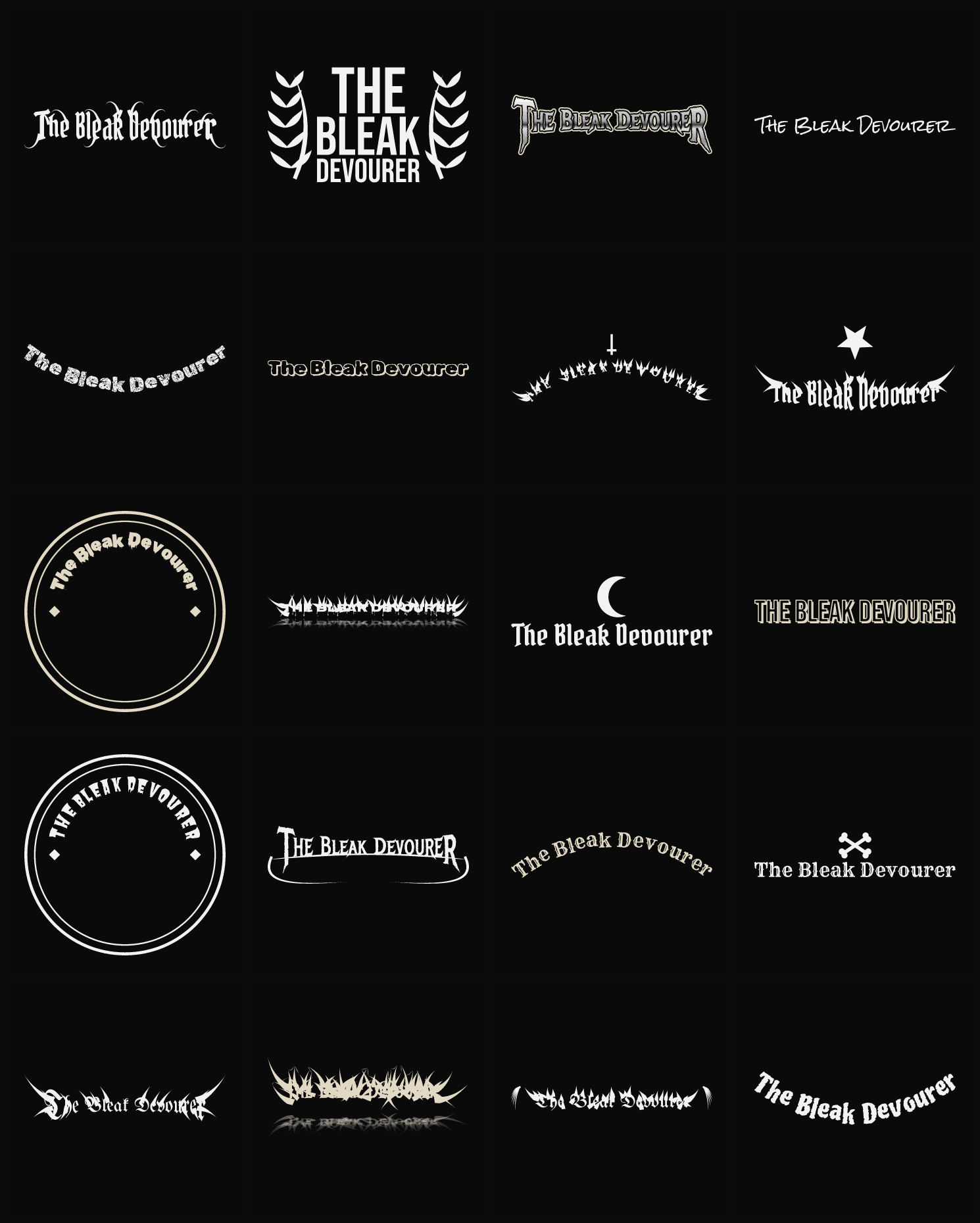 Twenty The Bleak Devourer band logo ideas — different faces, treatments and spike settings