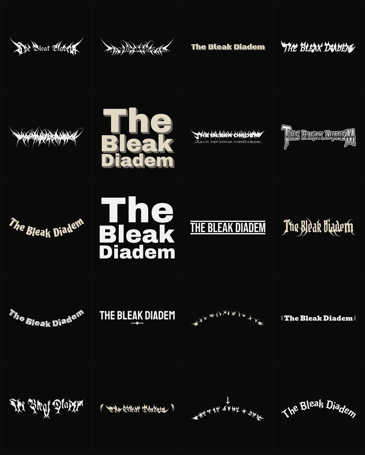 Twenty The Bleak Diadem band logo ideas — different faces, treatments and spike settings