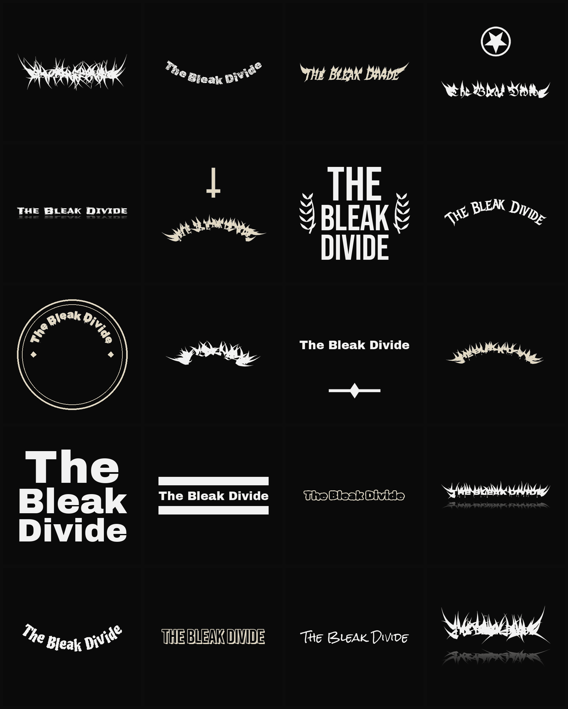 Twenty The Bleak Divide band logo ideas — different faces, treatments and spike settings