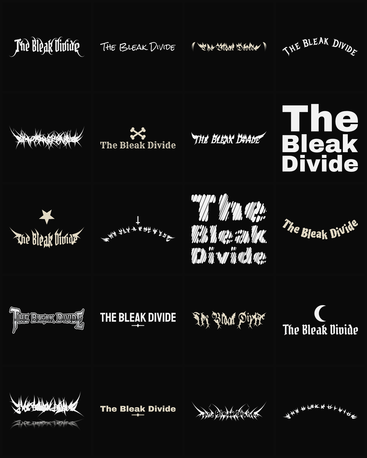 Twenty The Bleak Divide band logo ideas — different faces, treatments and spike settings