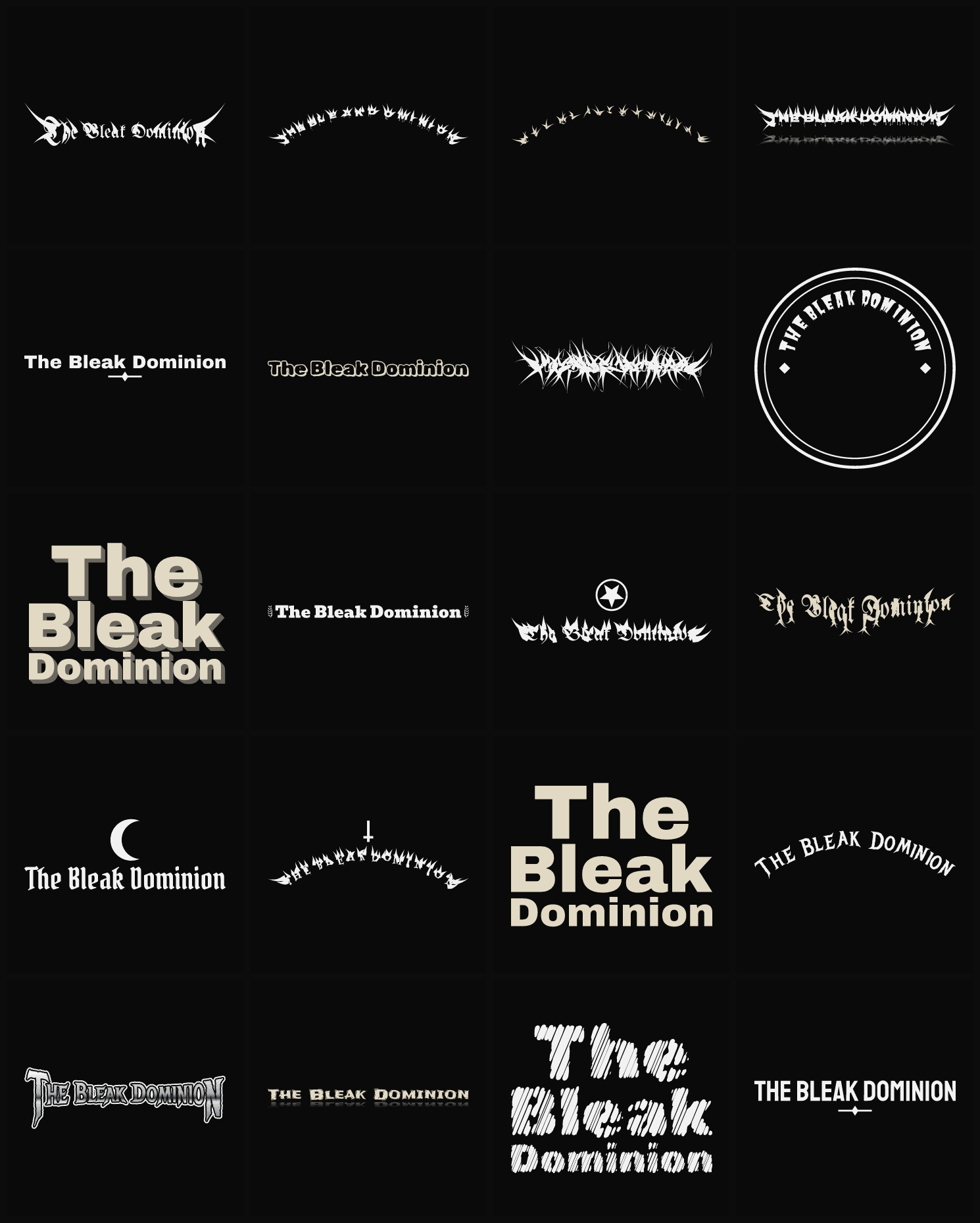 Twenty The Bleak Dominion band logo ideas — different faces, treatments and spike settings
