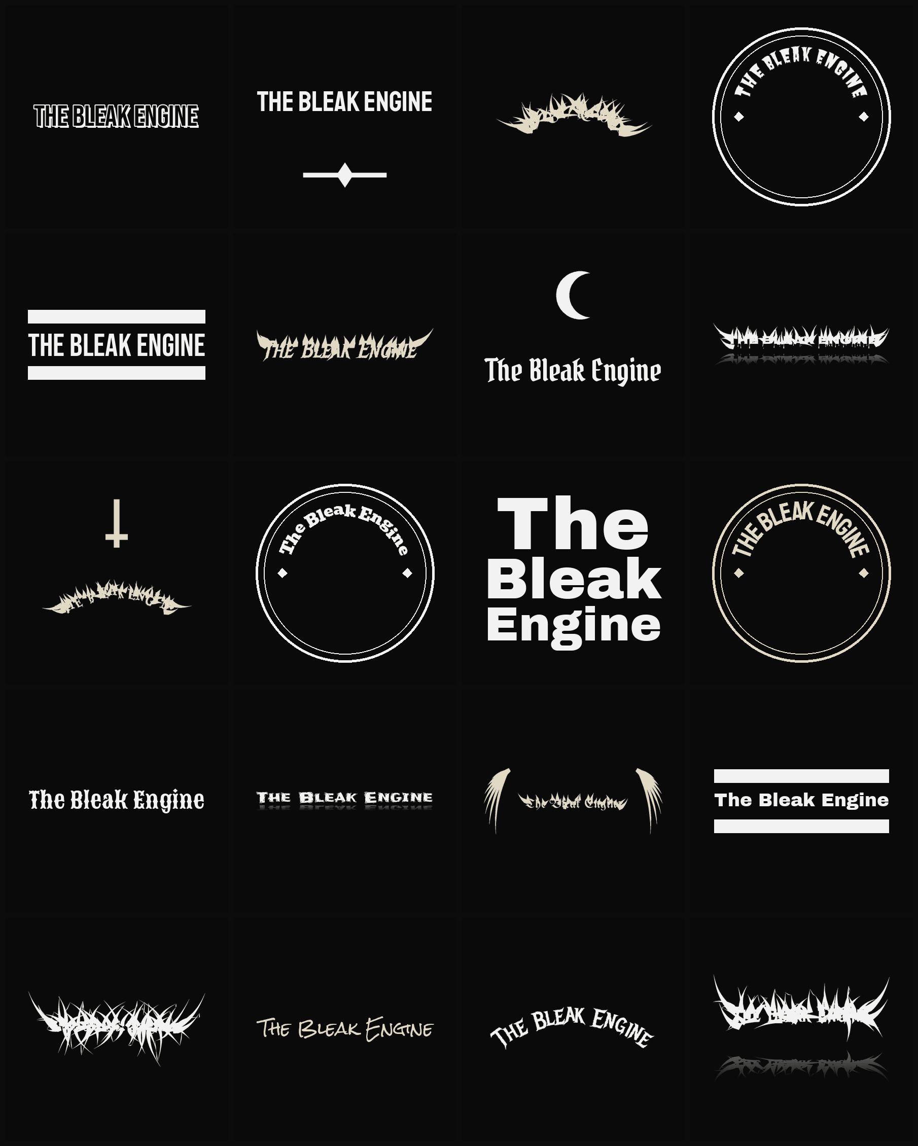 Twenty The Bleak Engine band logo ideas — different faces, treatments and spike settings