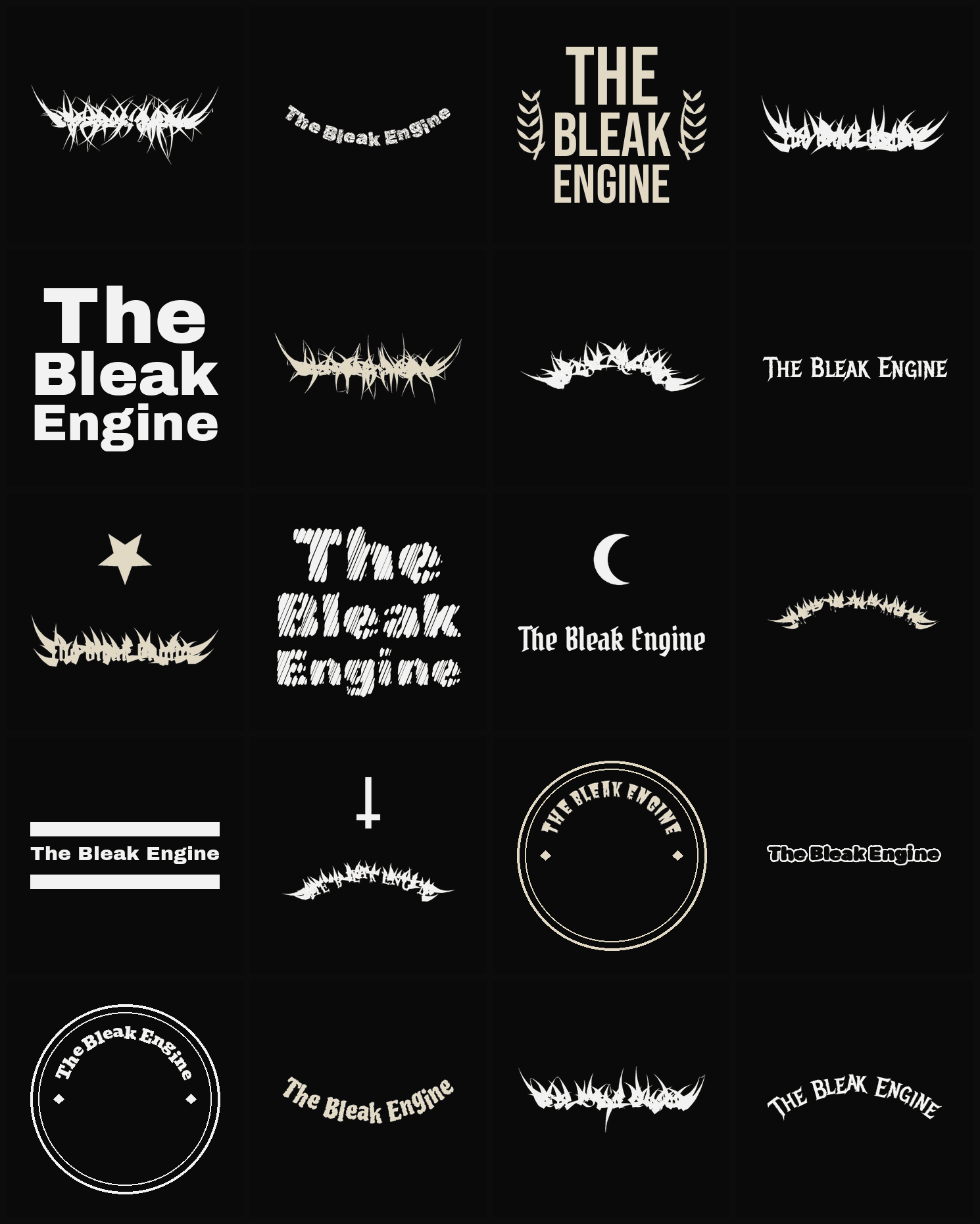 Twenty The Bleak Engine band logo ideas — different faces, treatments and spike settings