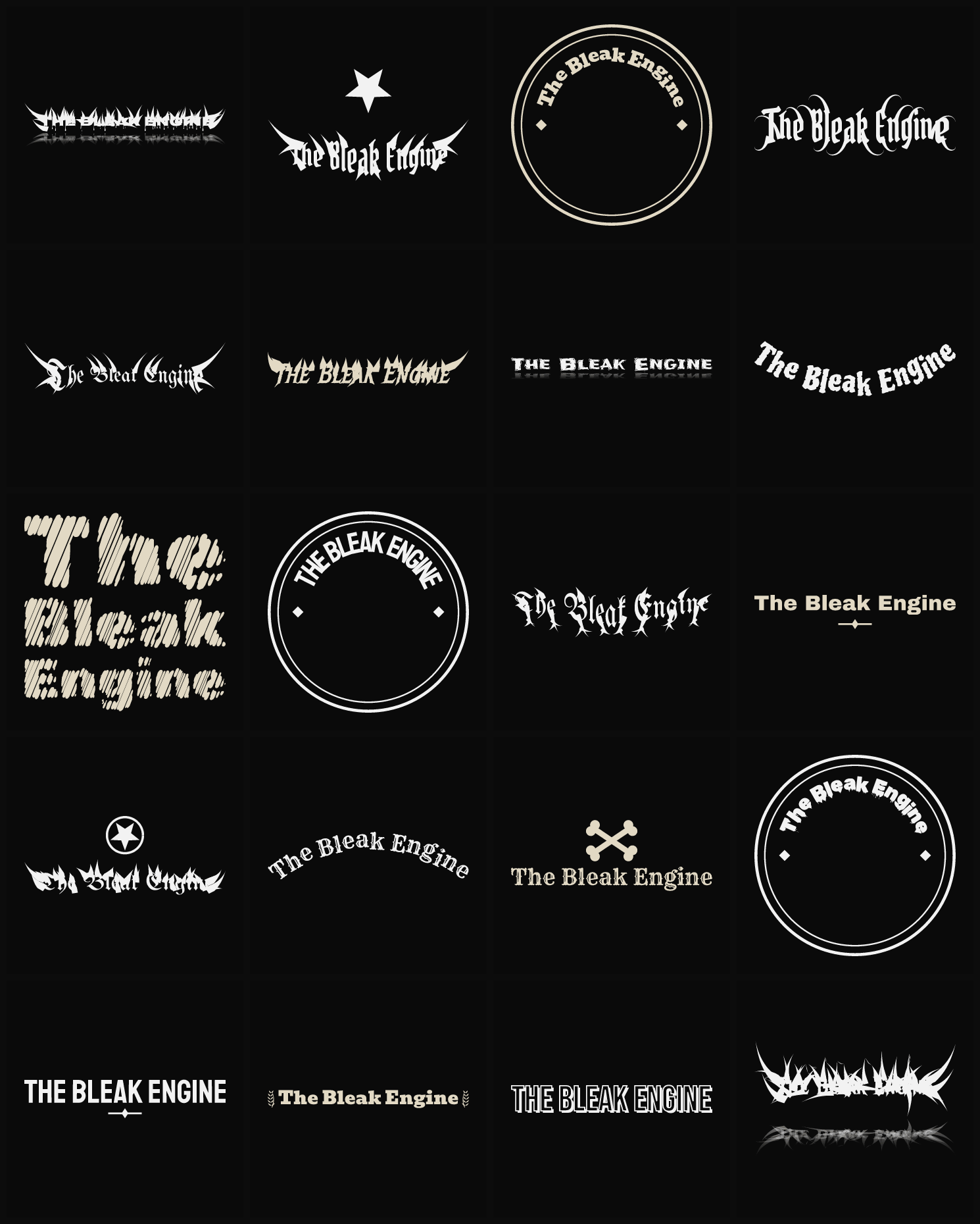 Twenty The Bleak Engine band logo ideas — different faces, treatments and spike settings