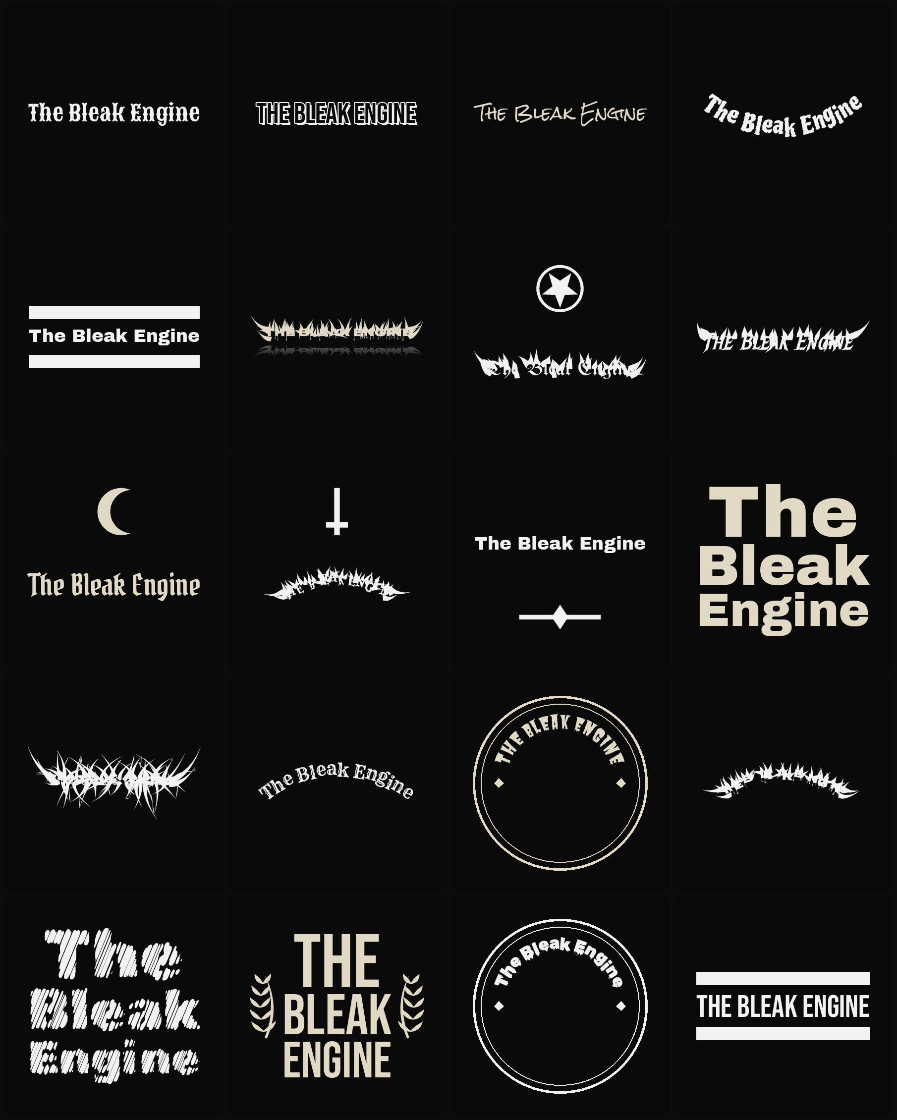 Twenty The Bleak Engine band logo ideas — different faces, treatments and spike settings