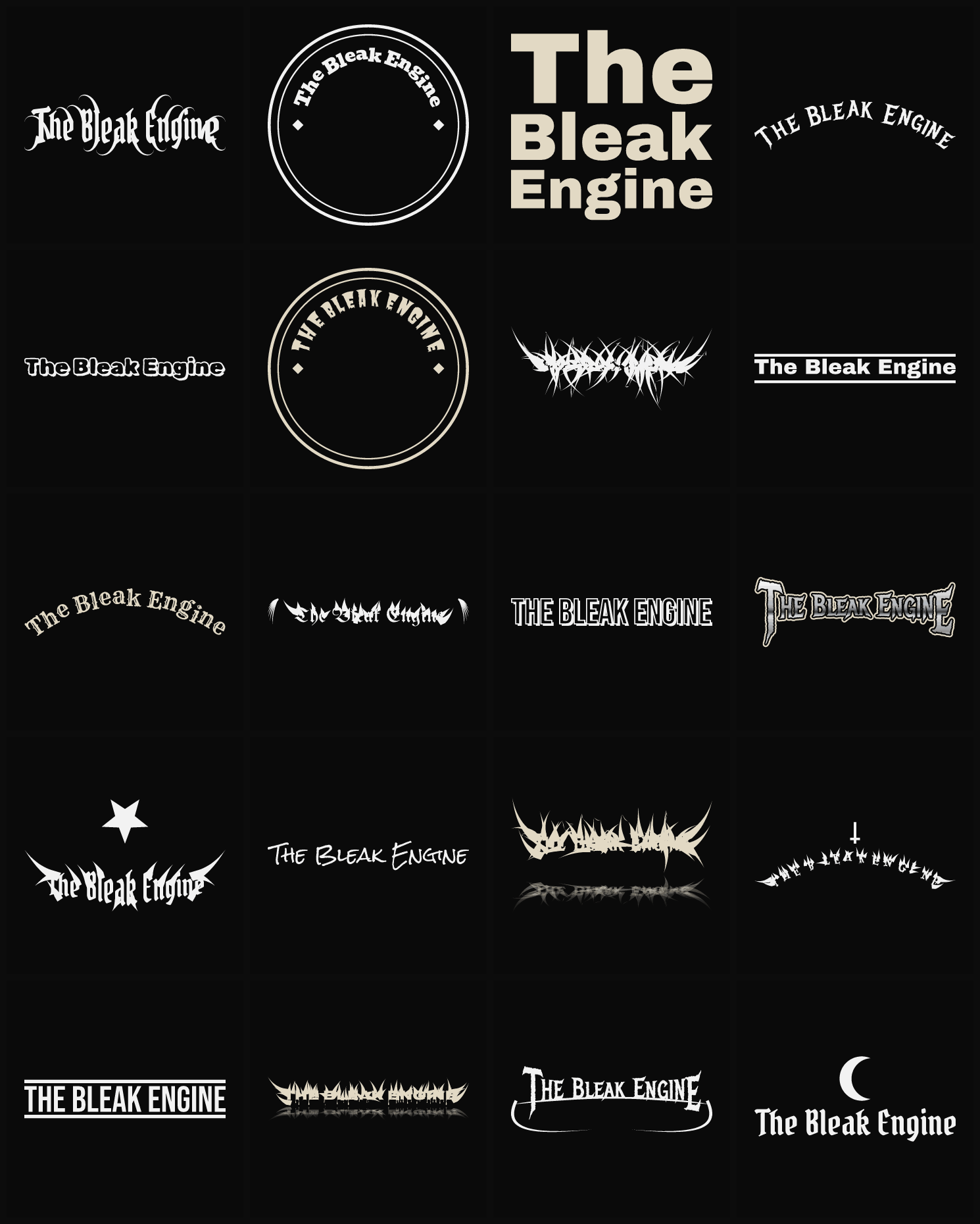 Twenty The Bleak Engine band logo ideas — different faces, treatments and spike settings