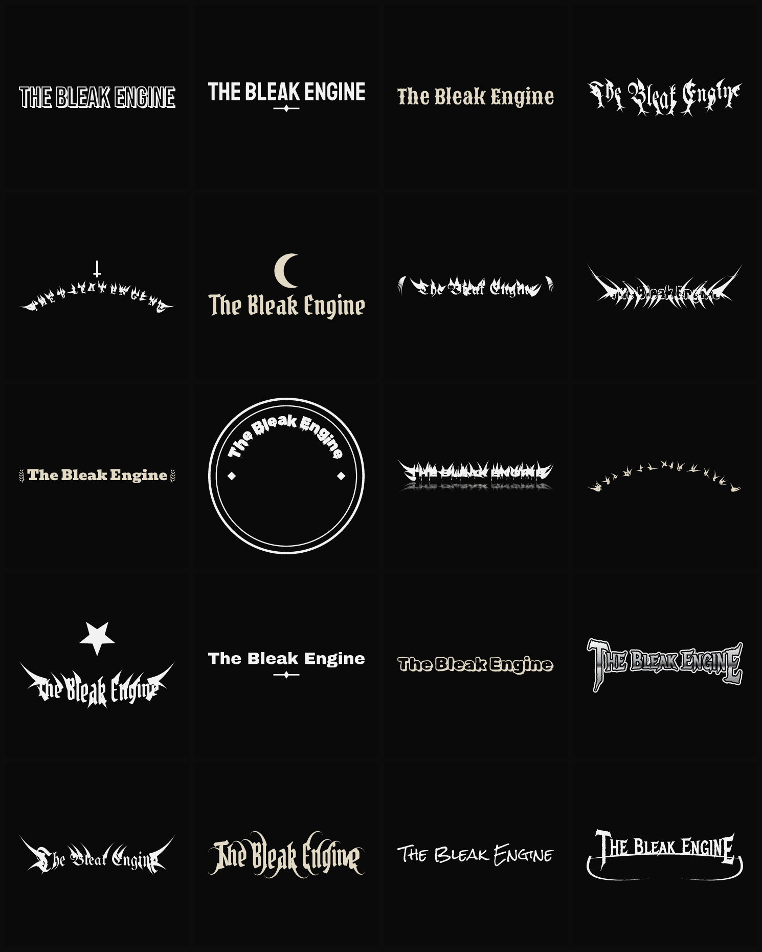 Twenty The Bleak Engine band logo ideas — different faces, treatments and spike settings