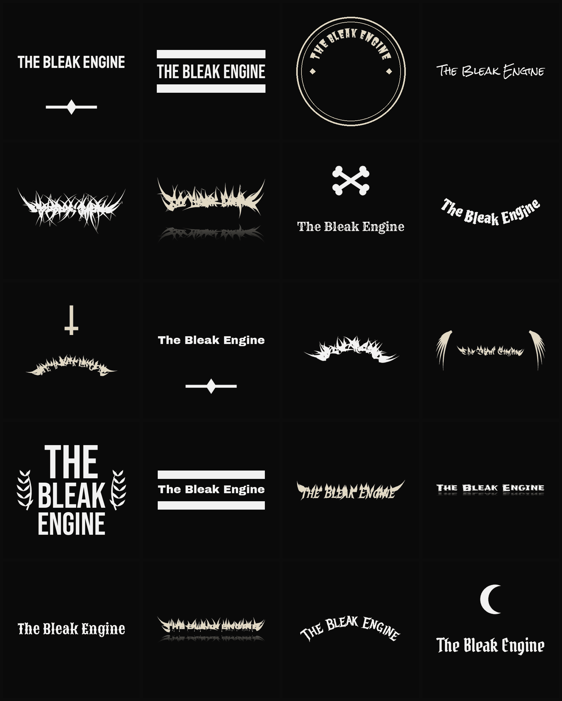Twenty The Bleak Engine band logo ideas — different faces, treatments and spike settings