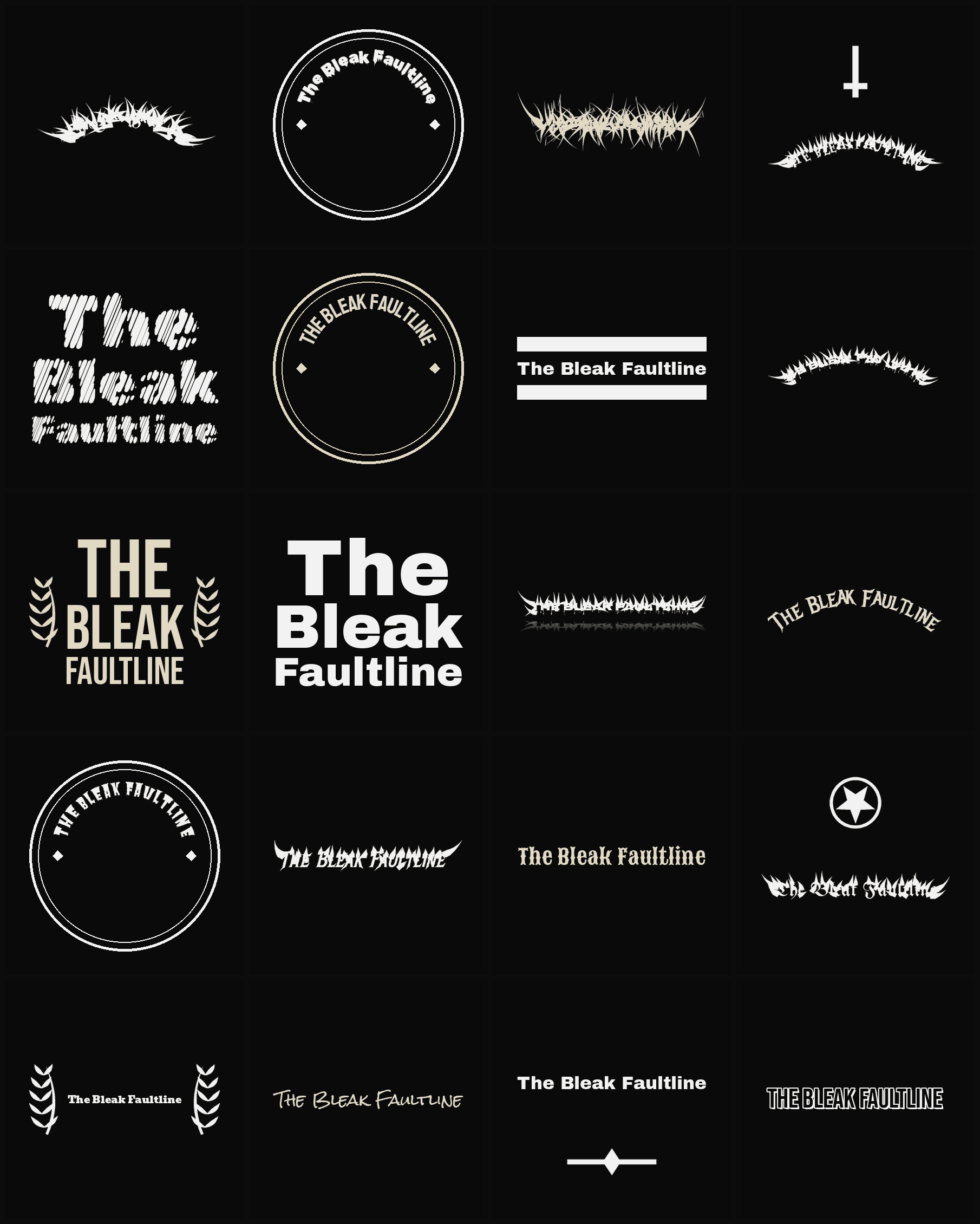 Twenty The Bleak Faultline band logo ideas — different faces, treatments and spike settings