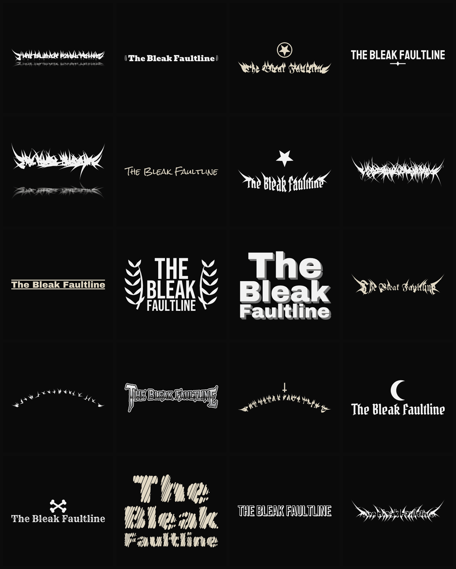 Twenty The Bleak Faultline band logo ideas — different faces, treatments and spike settings