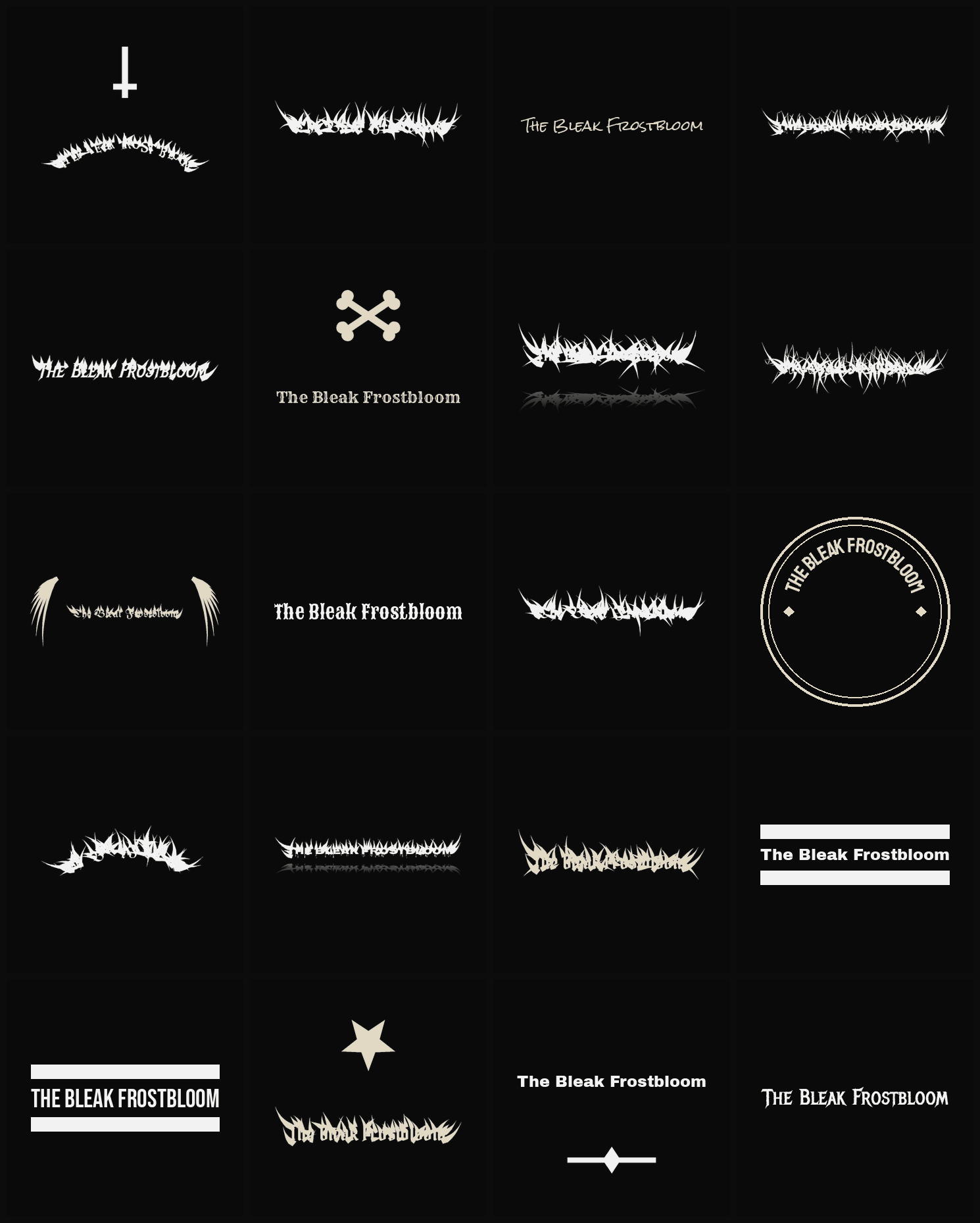Twenty The Bleak Frostbloom band logo ideas — different faces, treatments and spike settings