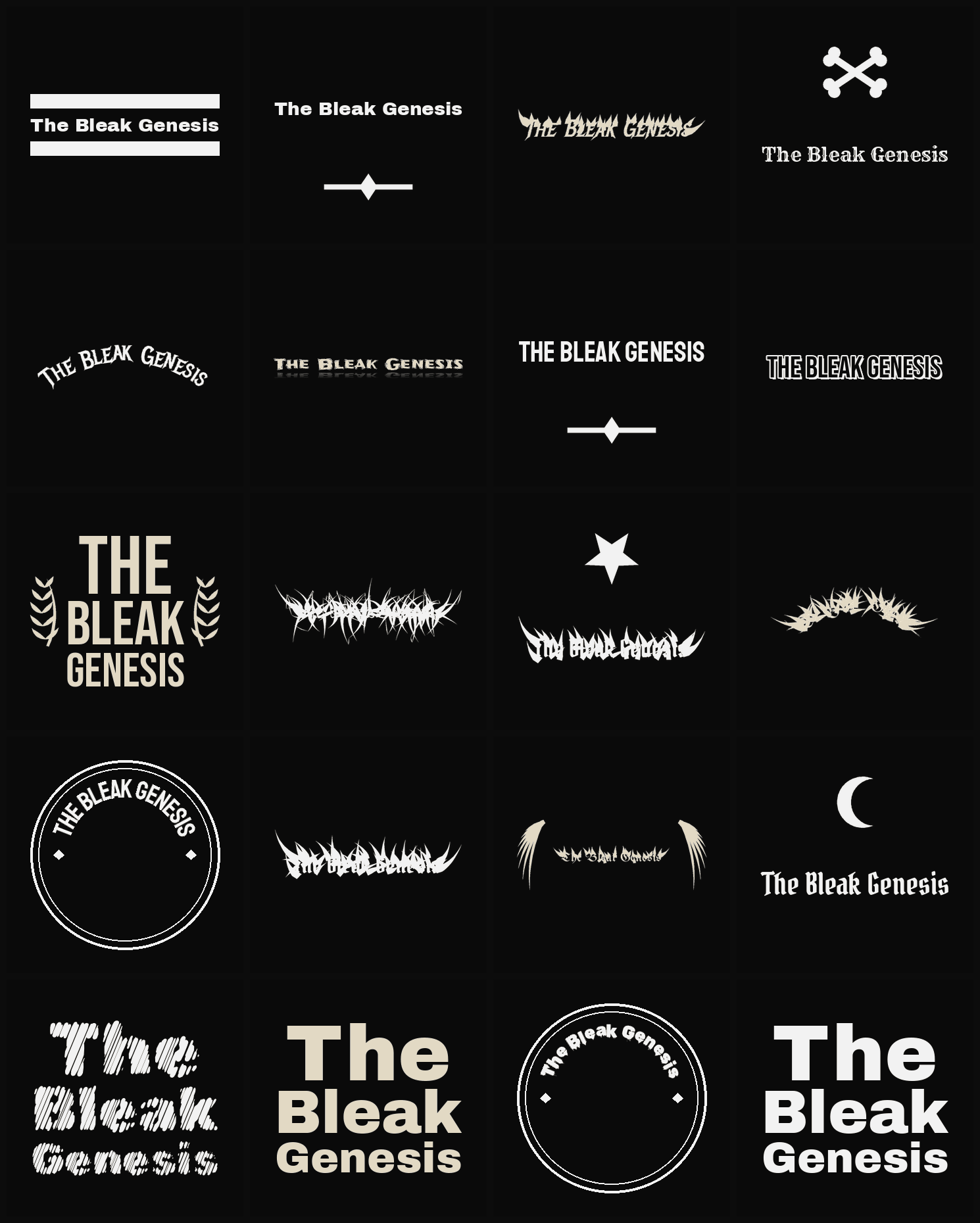 Twenty The Bleak Genesis band logo ideas — different faces, treatments and spike settings