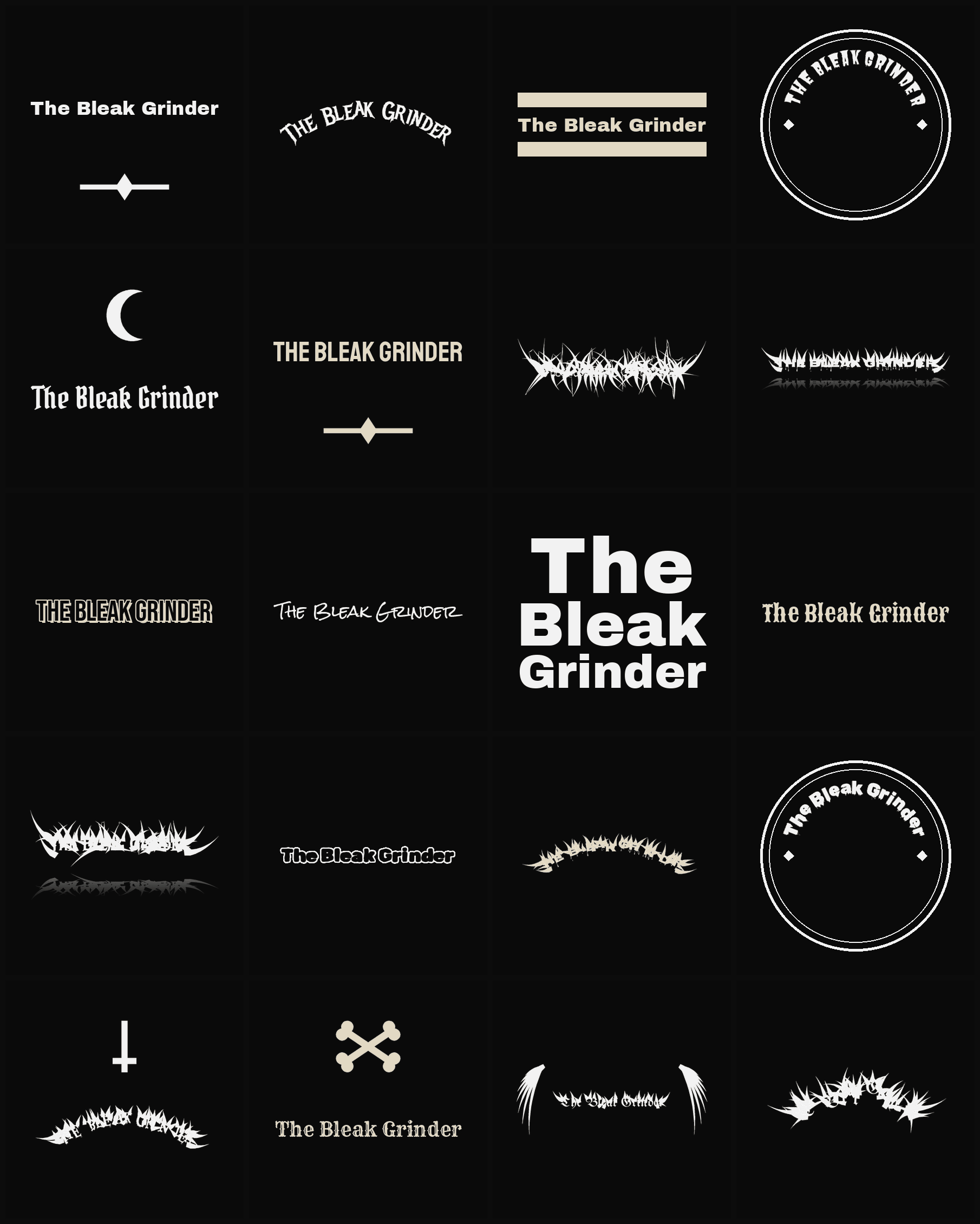 Twenty The Bleak Grinder band logo ideas — different faces, treatments and spike settings