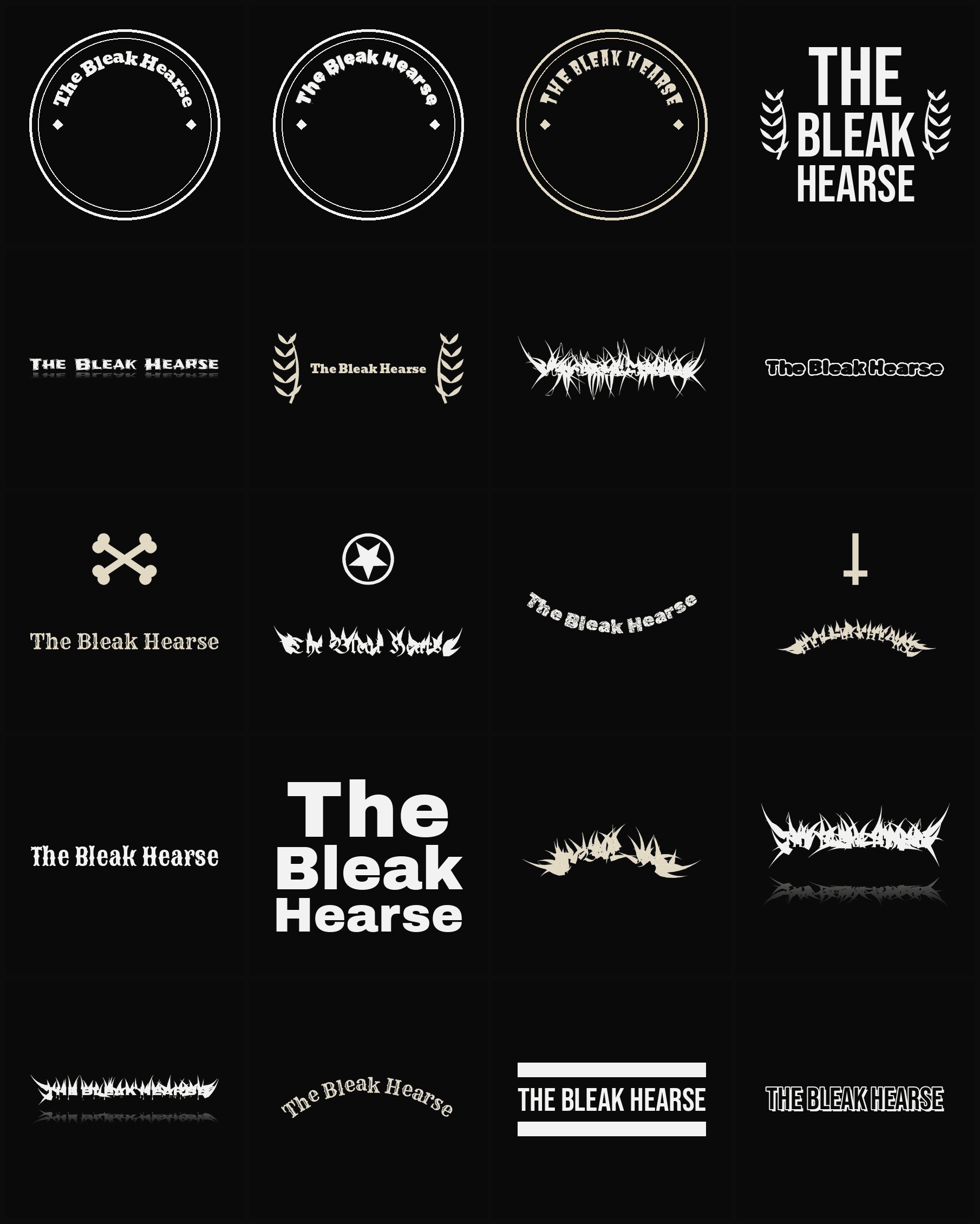Twenty The Bleak Hearse band logo ideas — different faces, treatments and spike settings