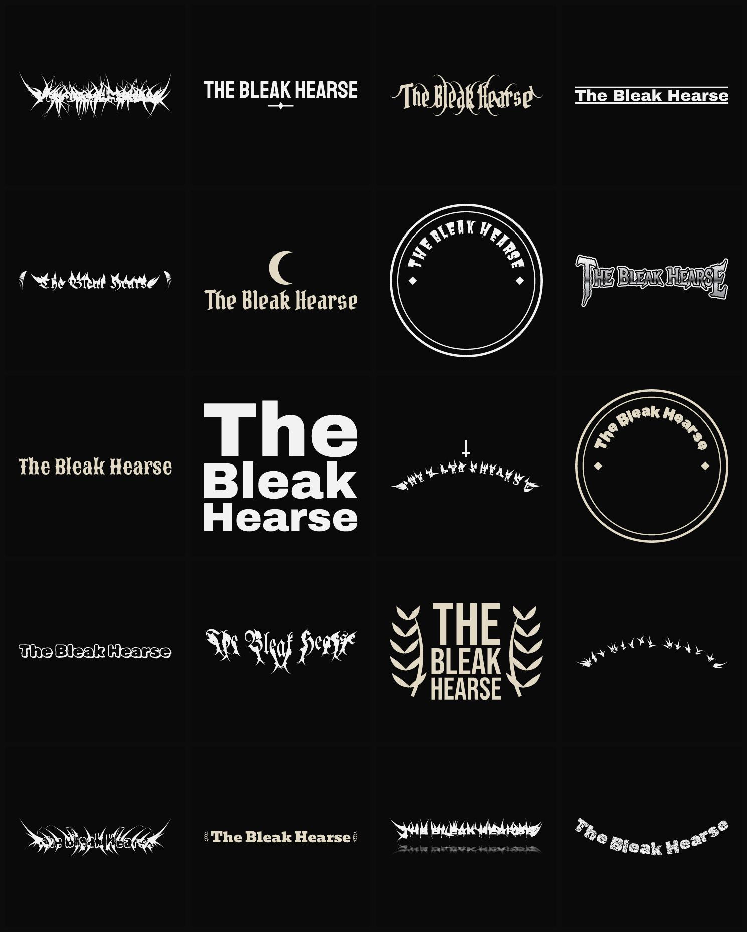 Twenty The Bleak Hearse band logo ideas — different faces, treatments and spike settings