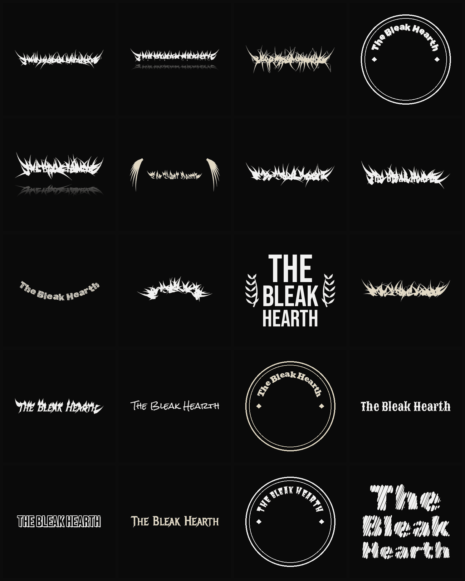 Twenty The Bleak Hearth band logo ideas — different faces, treatments and spike settings
