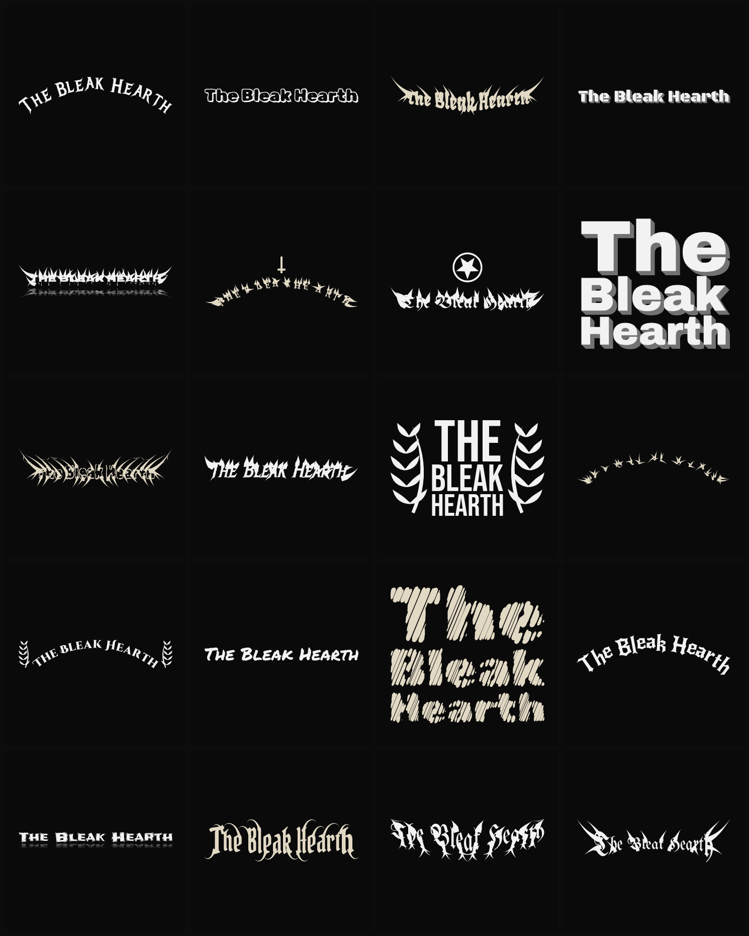 Twenty The Bleak Hearth band logo ideas — different faces, treatments and spike settings