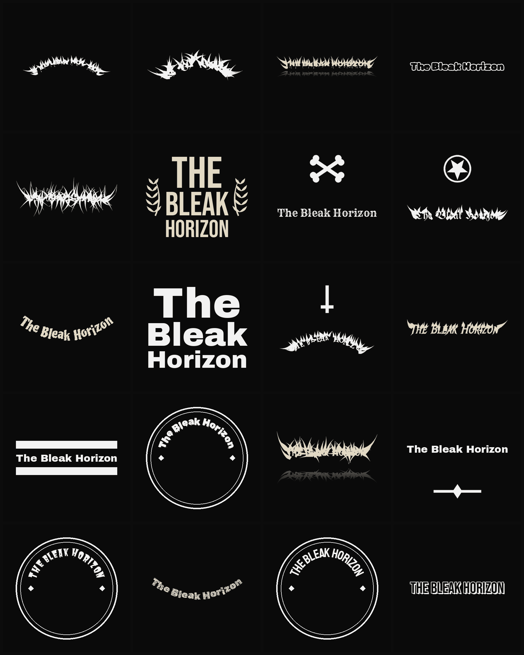 Twenty The Bleak Horizon band logo ideas — different faces, treatments and spike settings