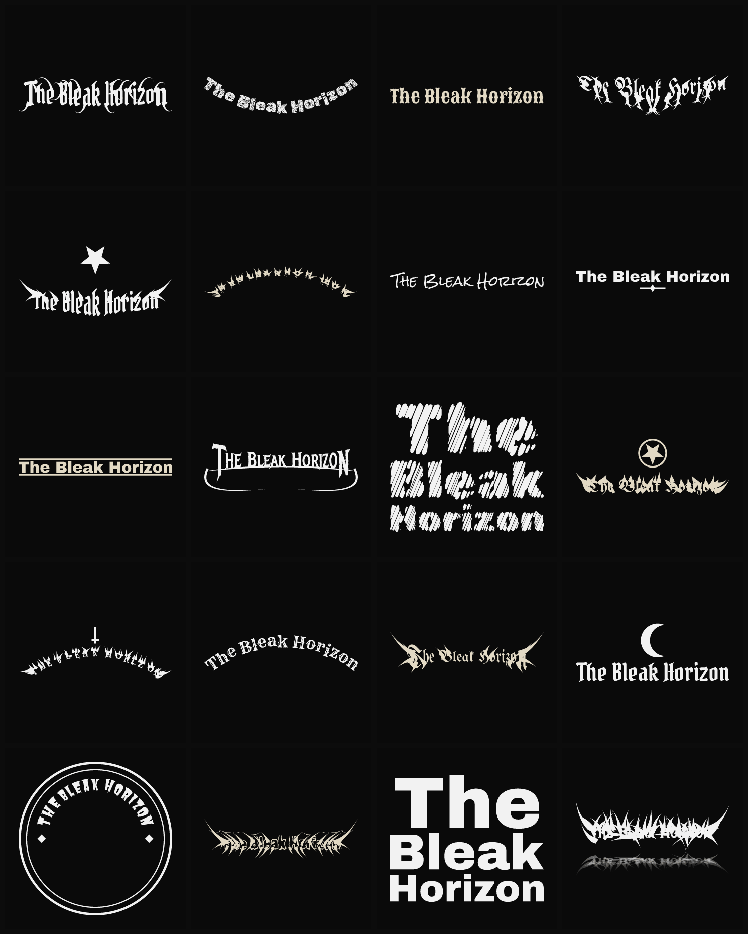 Twenty The Bleak Horizon band logo ideas — different faces, treatments and spike settings