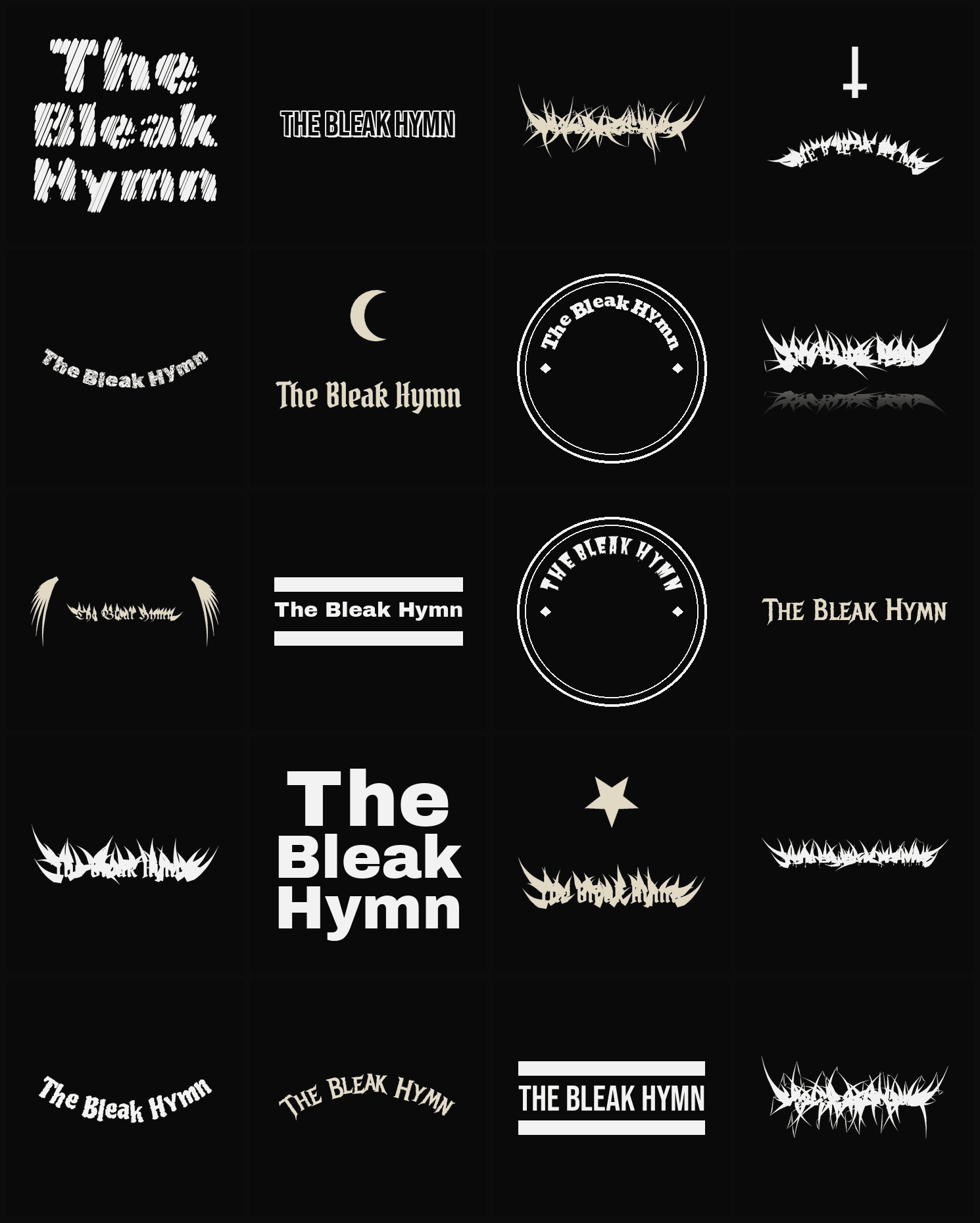Twenty The Bleak Hymn band logo ideas — different faces, treatments and spike settings