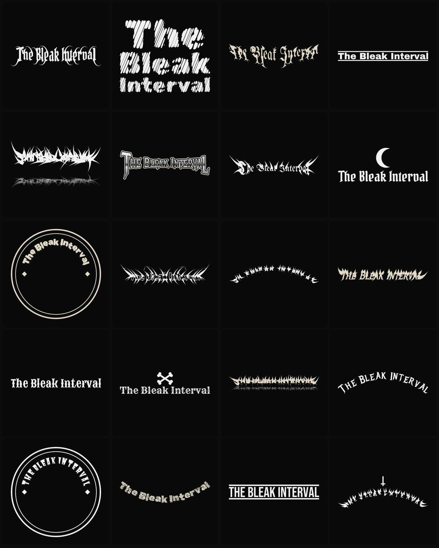 Twenty The Bleak Interval band logo ideas — different faces, treatments and spike settings