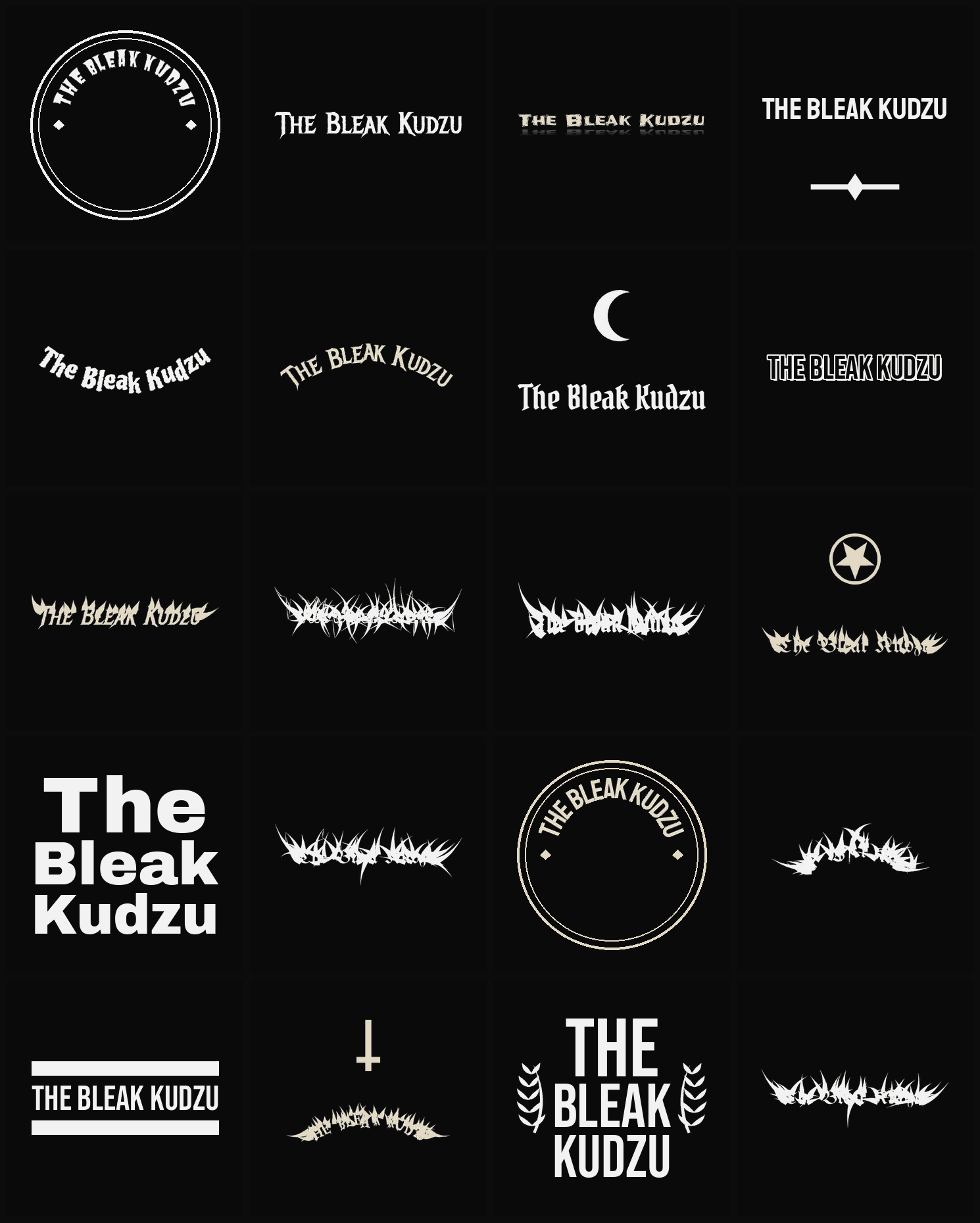 Twenty The Bleak Kudzu band logo ideas — different faces, treatments and spike settings