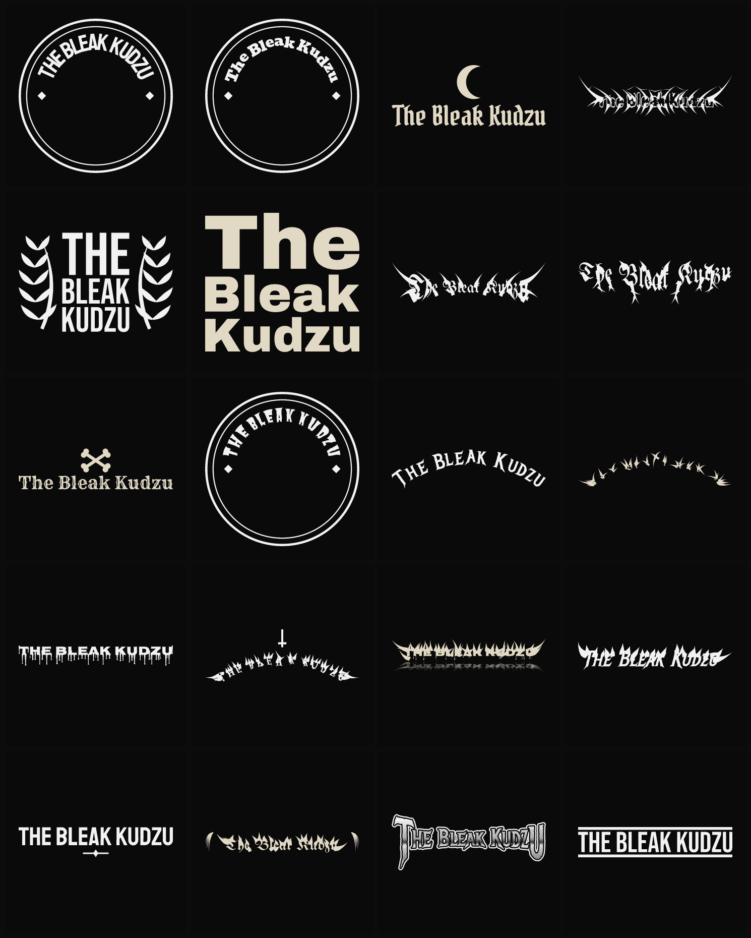Twenty The Bleak Kudzu band logo ideas — different faces, treatments and spike settings