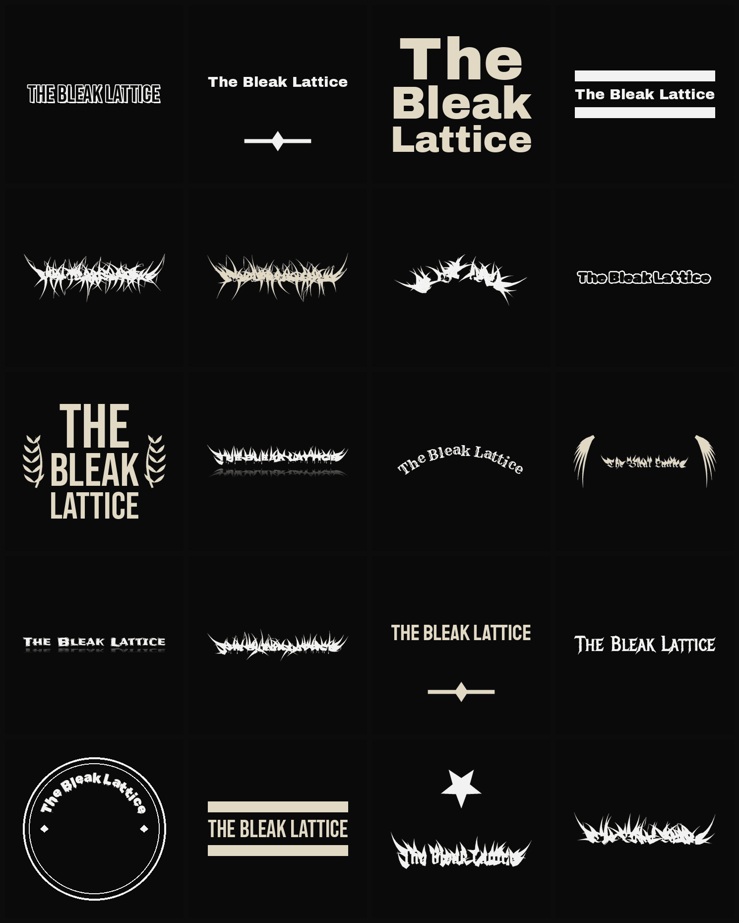 Twenty The Bleak Lattice band logo ideas — different faces, treatments and spike settings