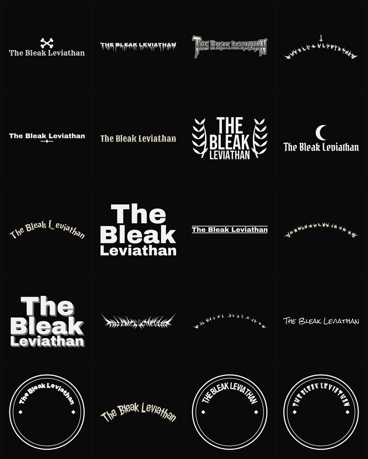 Twenty The Bleak Leviathan band logo ideas — different faces, treatments and spike settings