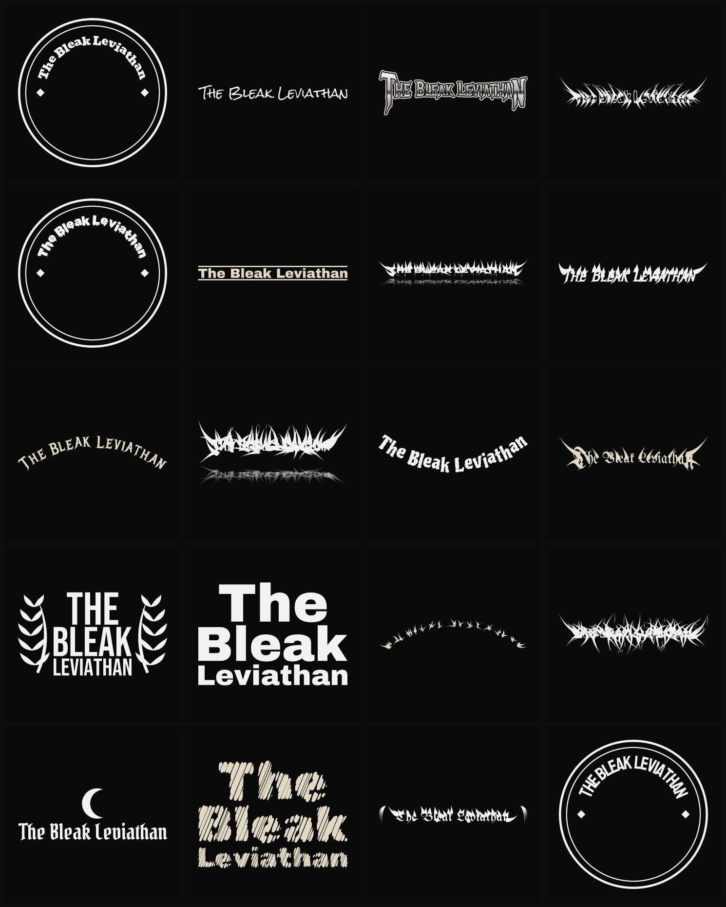 Twenty The Bleak Leviathan band logo ideas — different faces, treatments and spike settings