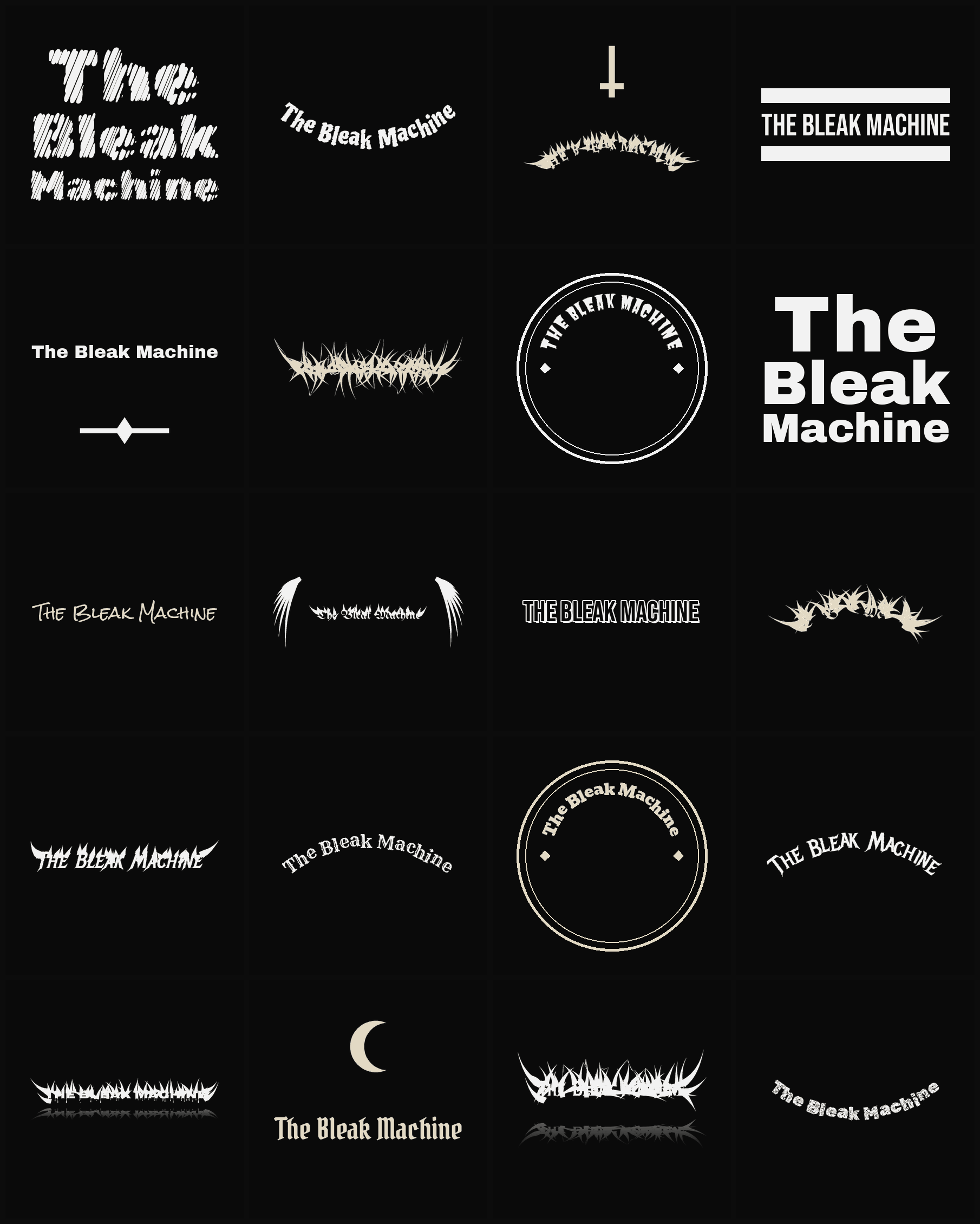 Twenty The Bleak Machine band logo ideas — different faces, treatments and spike settings