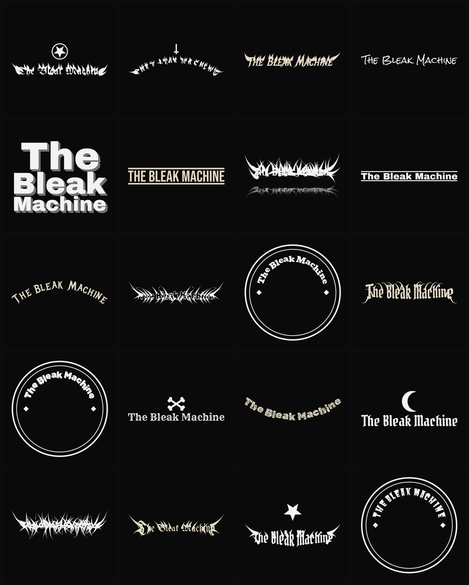 Twenty The Bleak Machine band logo ideas — different faces, treatments and spike settings