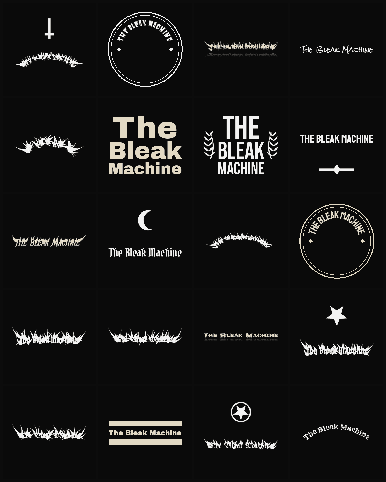 Twenty The Bleak Machine band logo ideas — different faces, treatments and spike settings