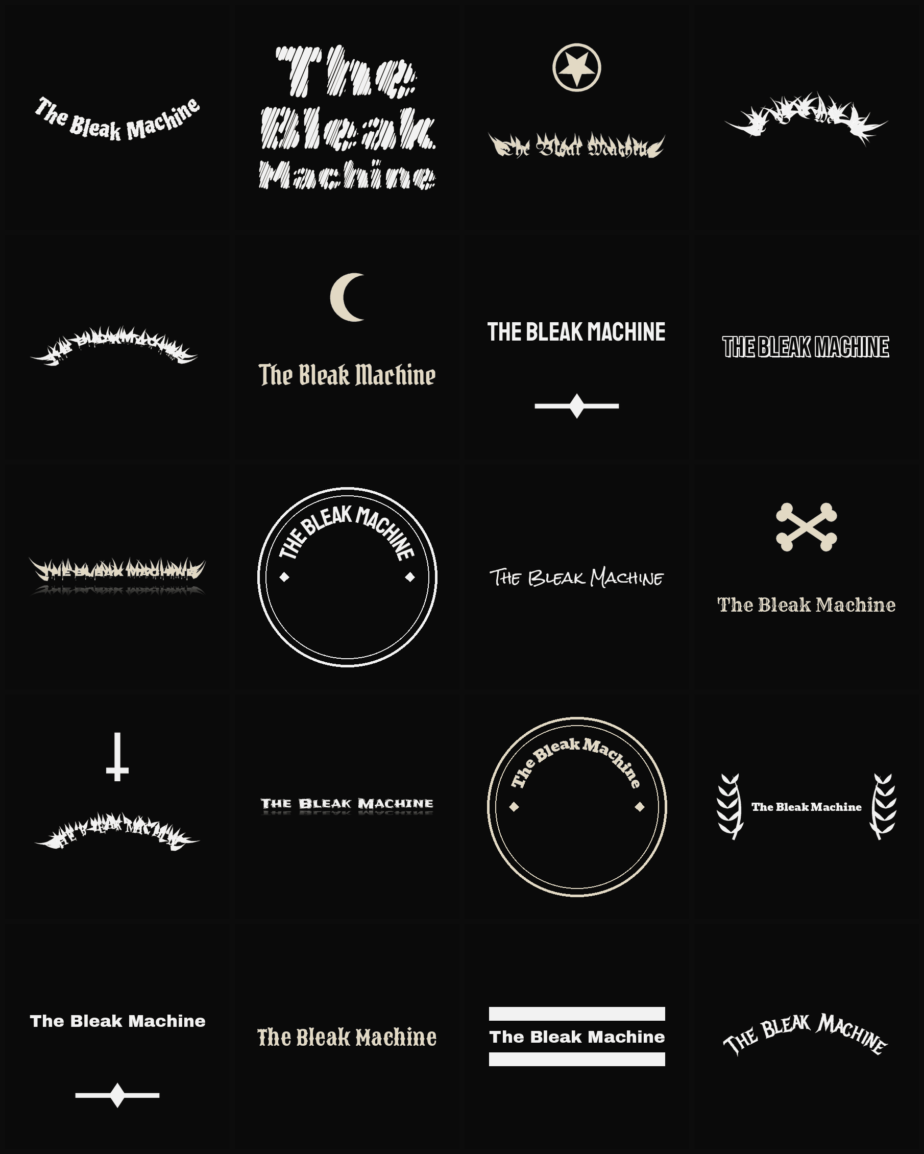 Twenty The Bleak Machine band logo ideas — different faces, treatments and spike settings