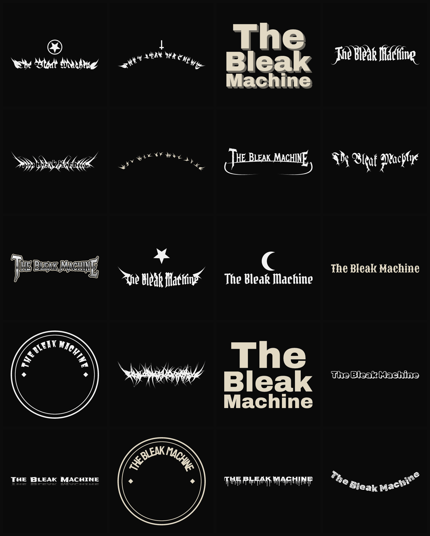 Twenty The Bleak Machine band logo ideas — different faces, treatments and spike settings