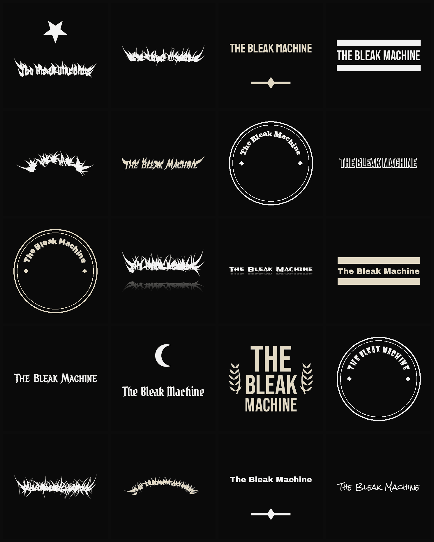 Twenty The Bleak Machine band logo ideas — different faces, treatments and spike settings
