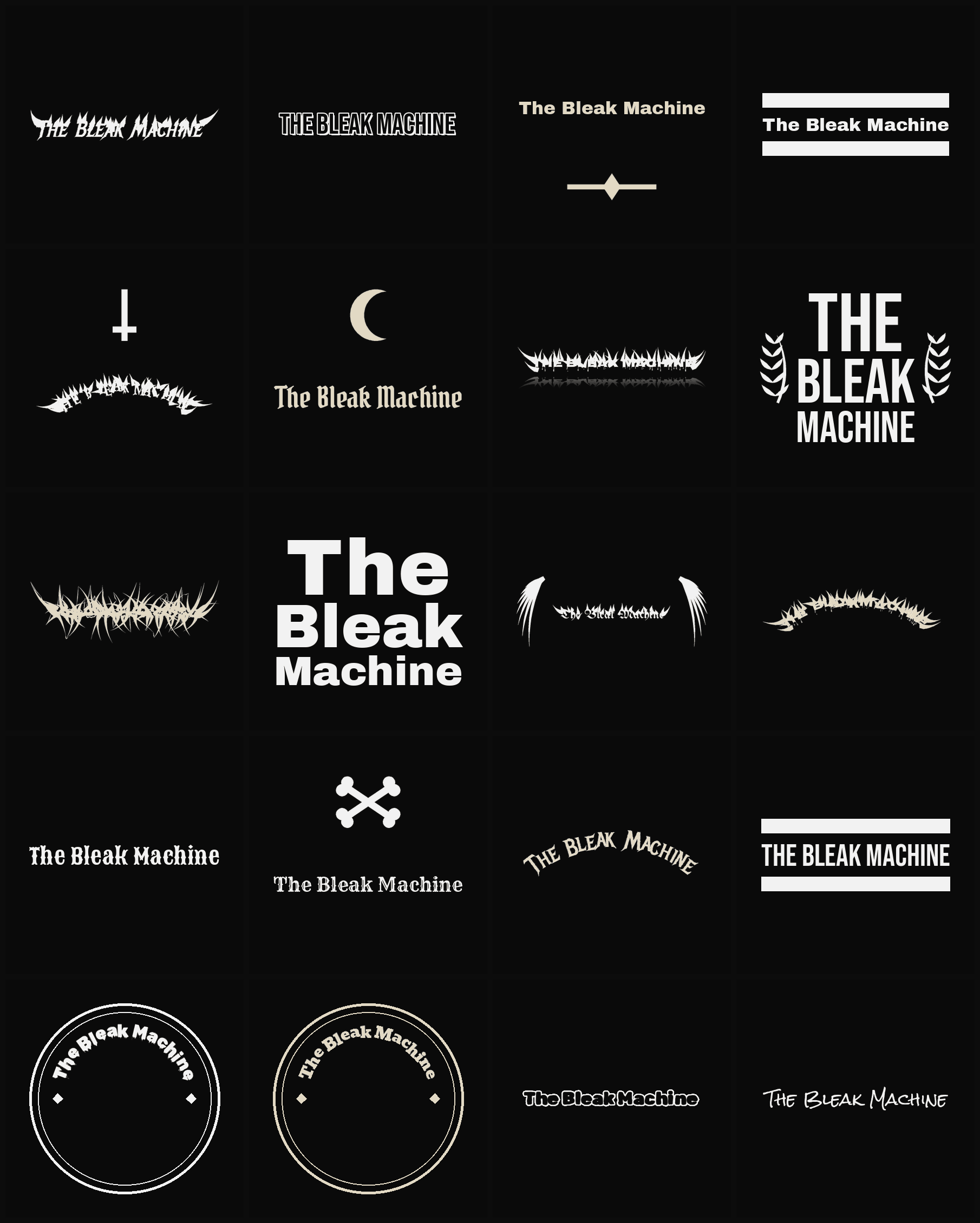 Twenty The Bleak Machine band logo ideas — different faces, treatments and spike settings