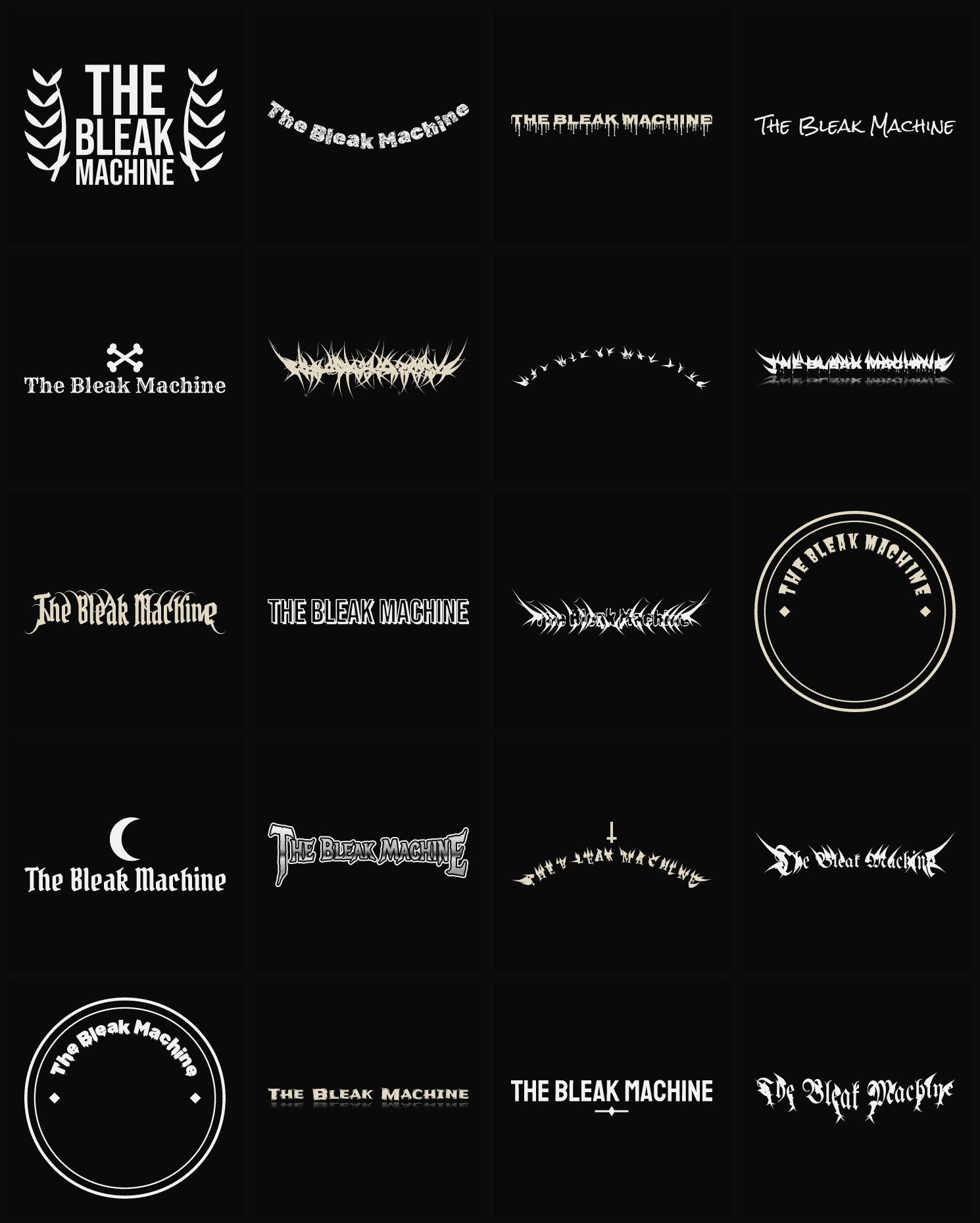 Twenty The Bleak Machine band logo ideas — different faces, treatments and spike settings