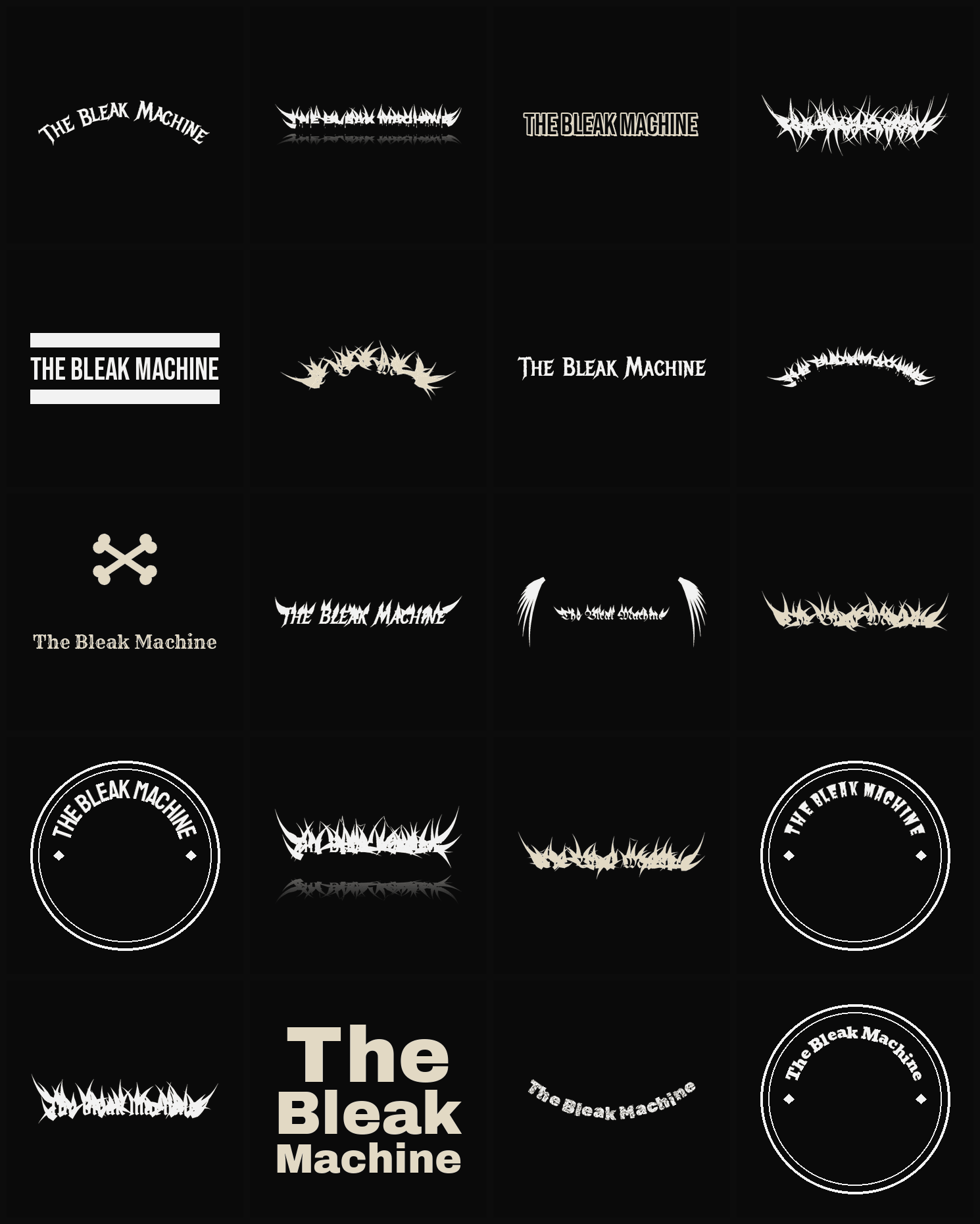 Twenty The Bleak Machine band logo ideas — different faces, treatments and spike settings