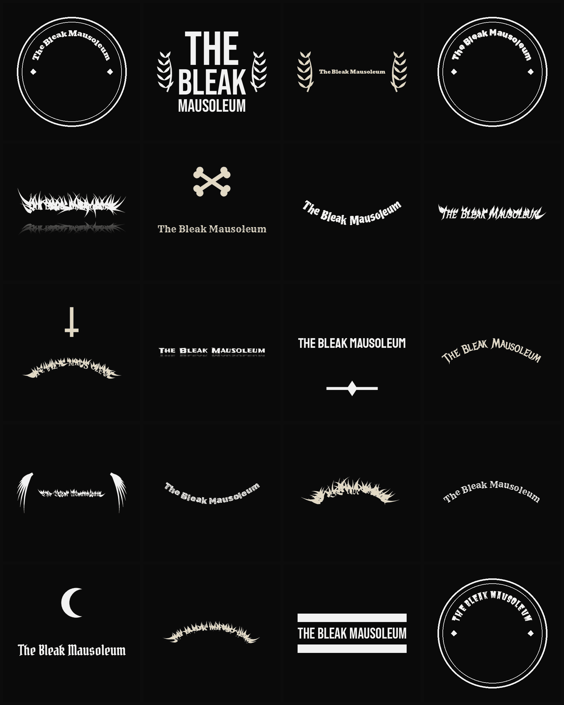 Twenty The Bleak Mausoleum band logo ideas — different faces, treatments and spike settings
