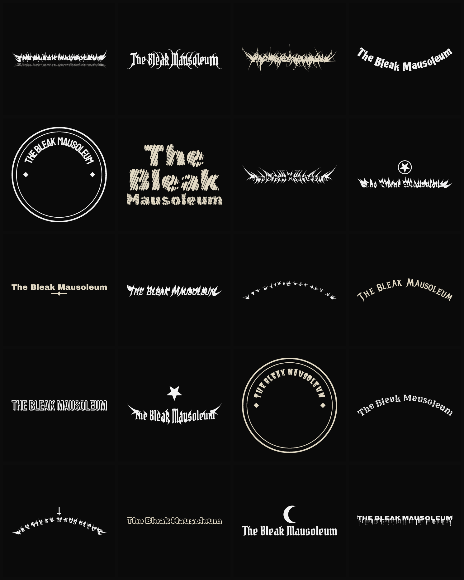 Twenty The Bleak Mausoleum band logo ideas — different faces, treatments and spike settings